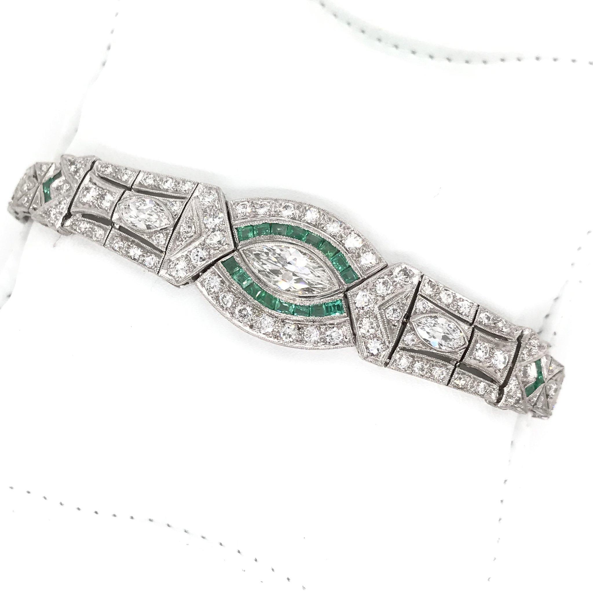 Art Deco 5.0 Carat Diamond & Emerald Platinum Bracelet 4