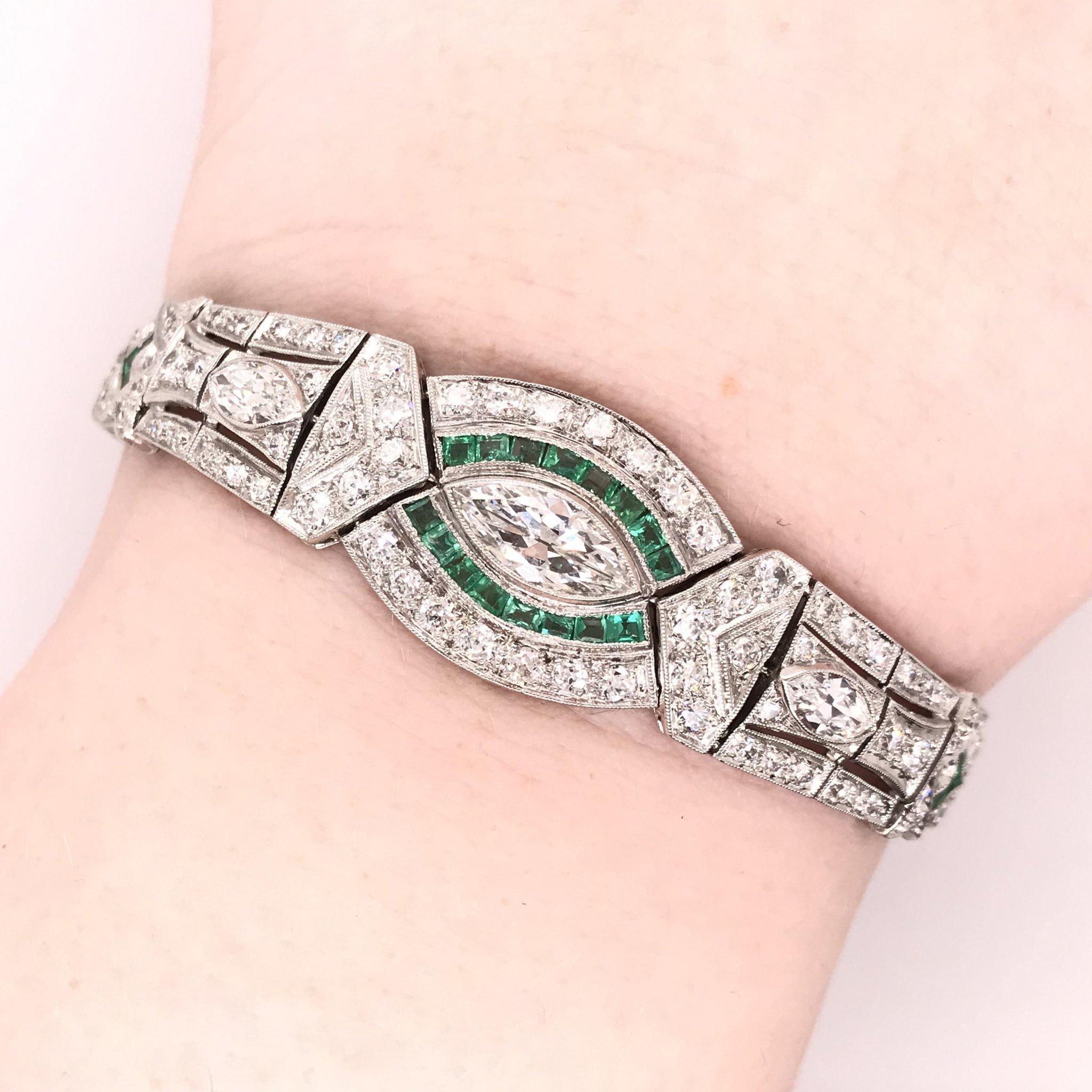 Art Deco 5.0 Carat Diamond & Emerald Platinum Bracelet 5