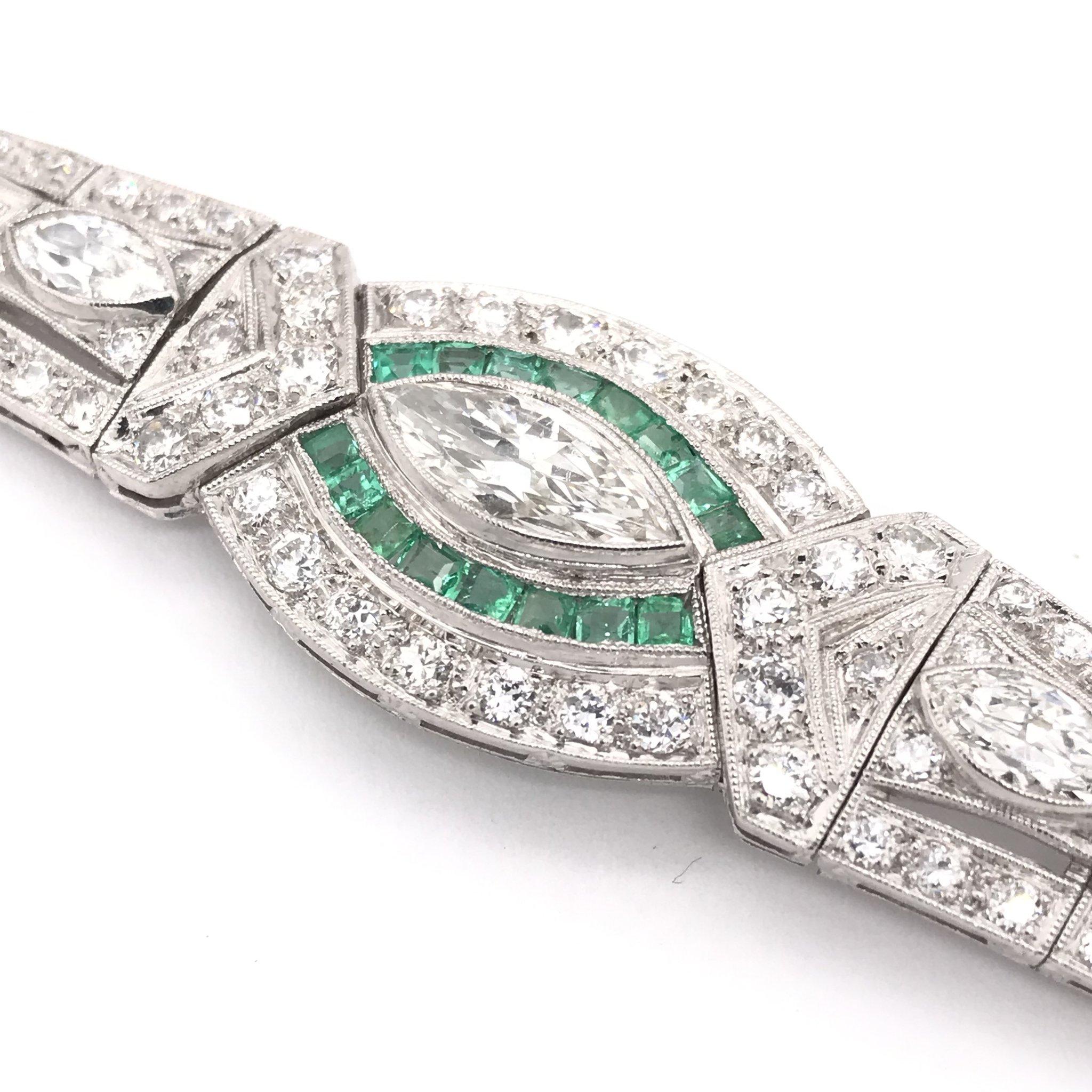 Marquise Cut Art Deco 5.0 Carat Diamond & Emerald Platinum Bracelet