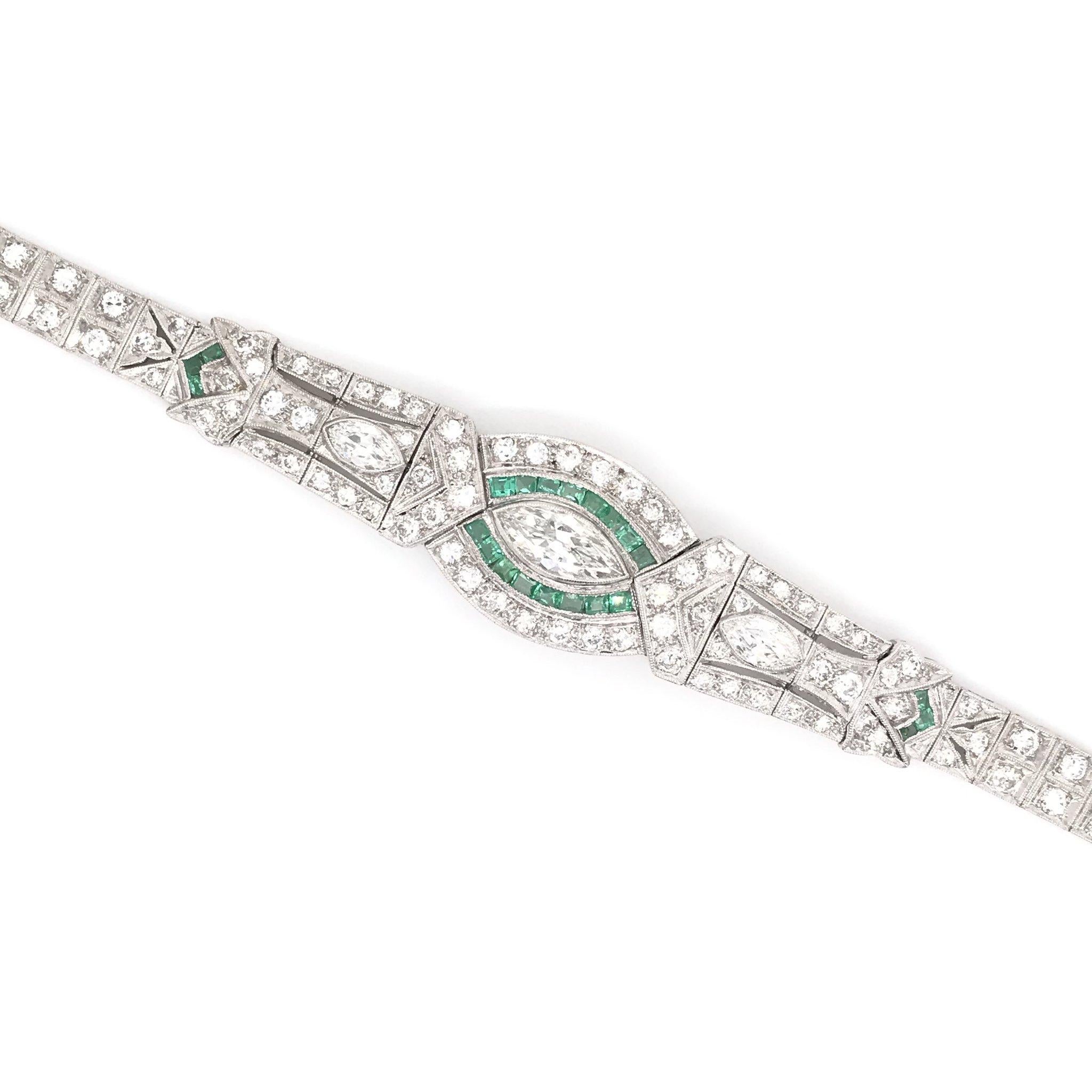 Art Deco 5.0 Carat Diamond & Emerald Platinum Bracelet In Excellent Condition In Montgomery, AL