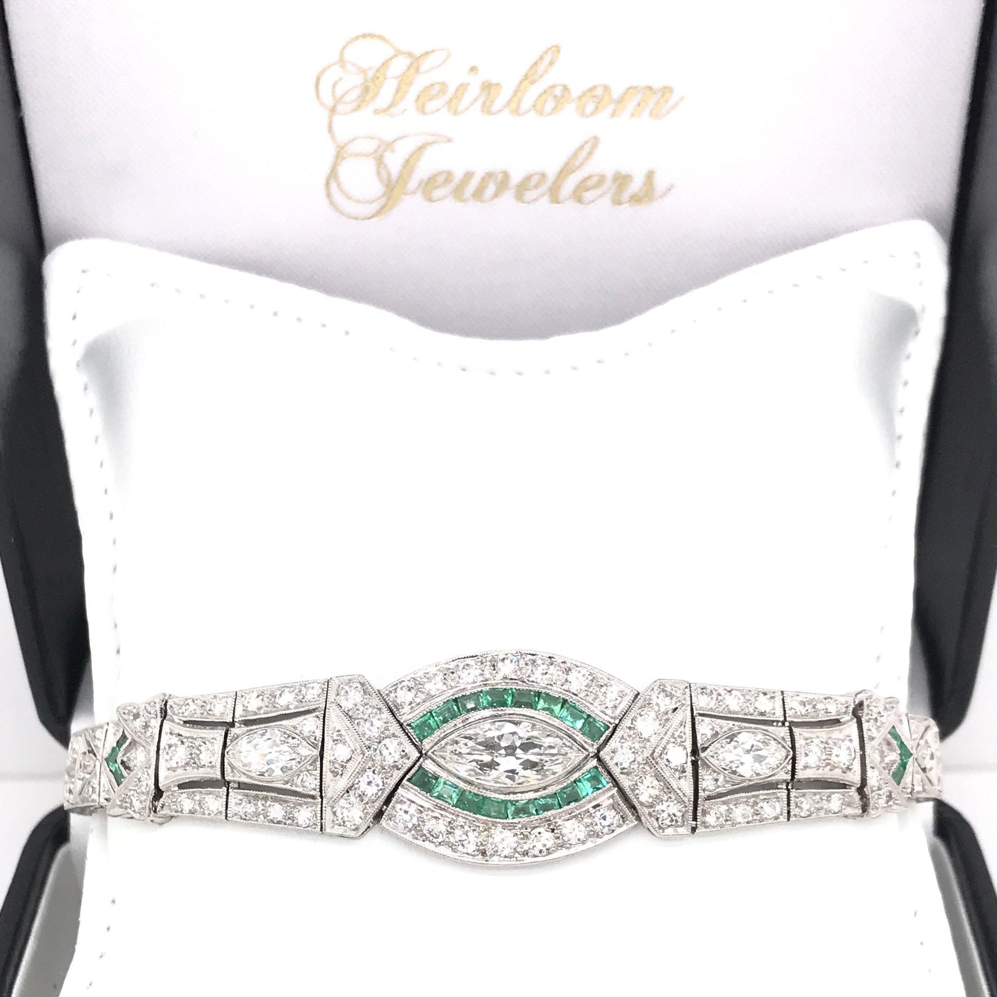Women's Art Deco 5.0 Carat Diamond & Emerald Platinum Bracelet