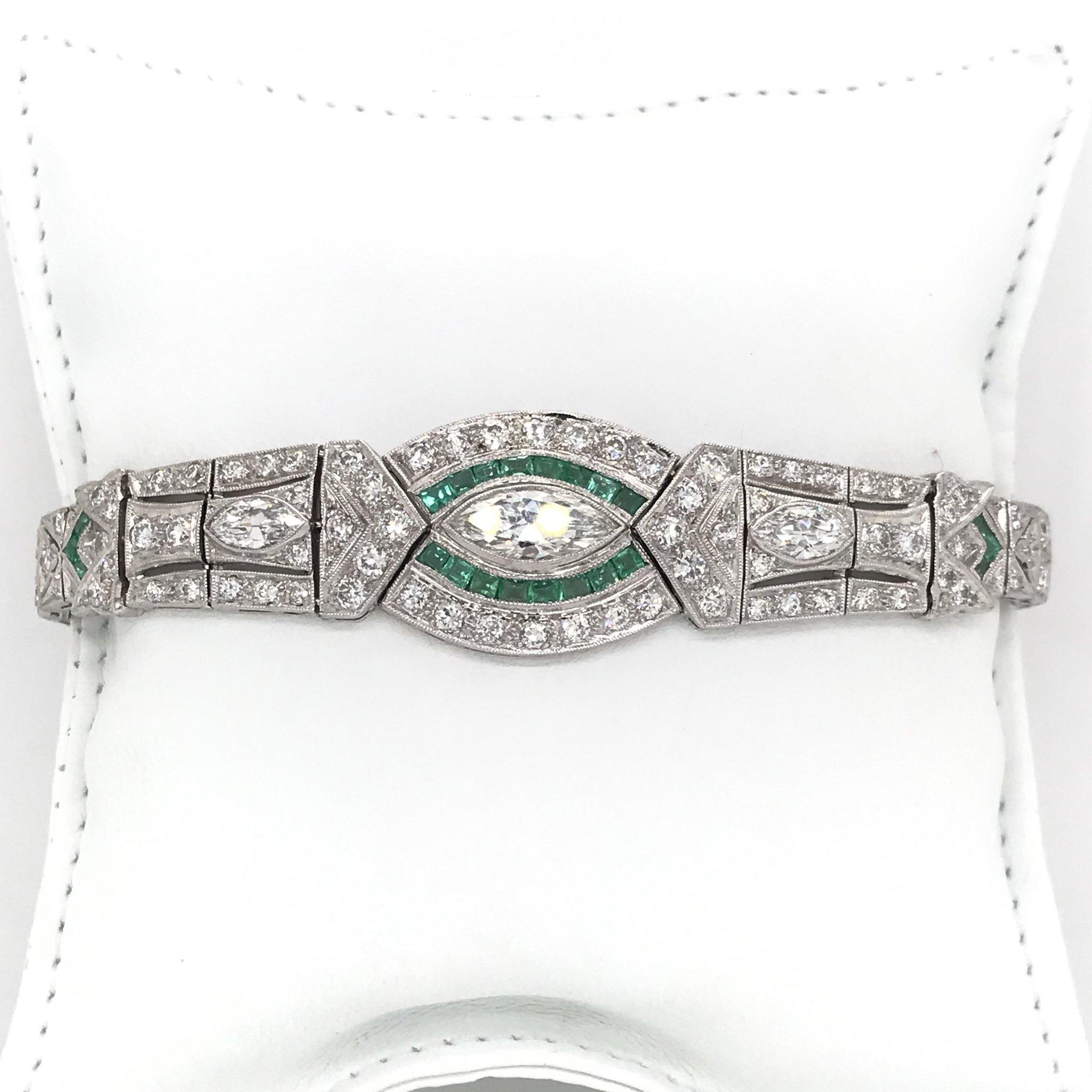 Art Deco 5.0 Carat Diamond & Emerald Platinum Bracelet 2