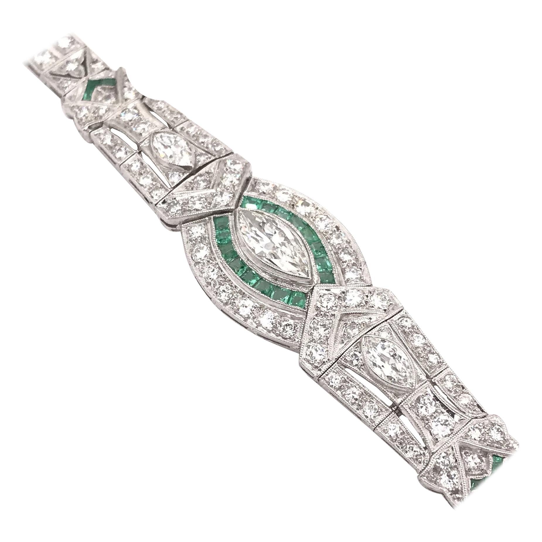 Art Deco 5.0 Carat Diamond & Emerald Platinum Bracelet
