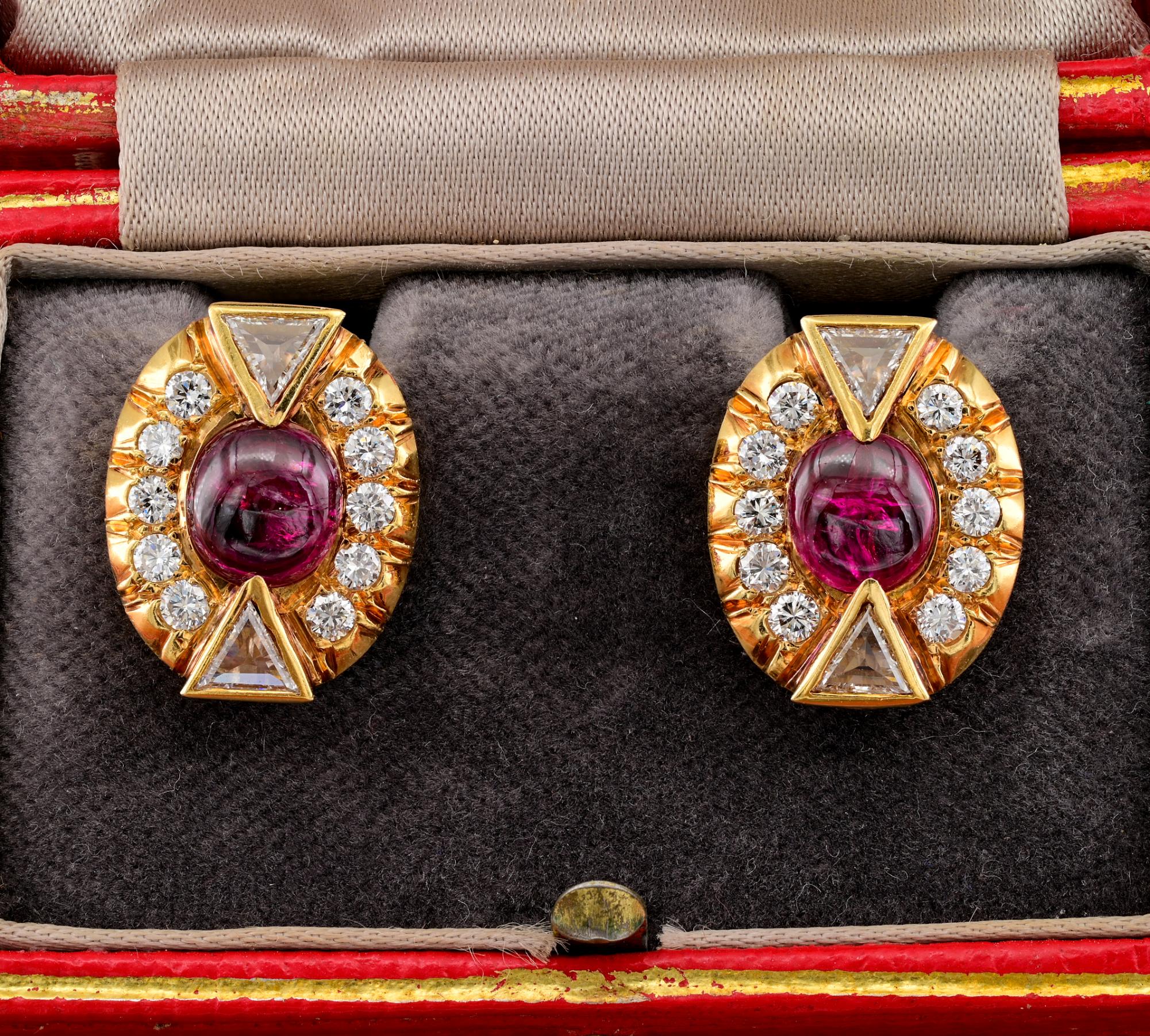 Art Deco Ruby and Diamond  earrings  hand crafted as unique pair of solid 18 KT gold, 1935 ca
Charming geometric design combined with earth mined gemstones create drama and style in equal part.
Two natural unheated Red Rubies for 5.0 Ct, assesed by