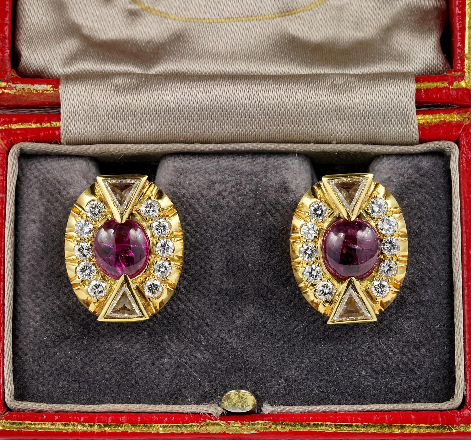 Striking Art Deco Ruby and Diamond featuring charming geometric design and earth mined gemstones combining drama and style in equal parts.
1935 ca European origin.
Hand crafted as individual jewel of solid 18 KT gold not marked.
Starring two natural