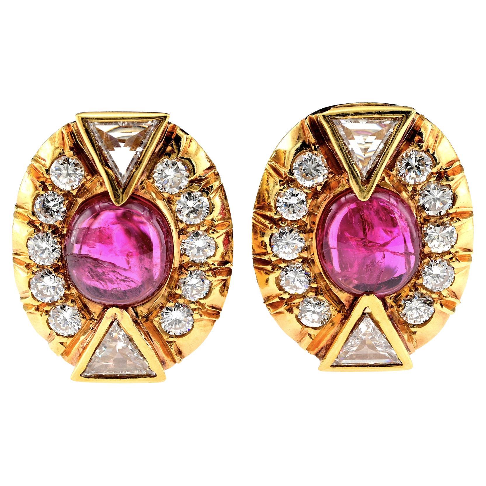 Art Deco 5.0 Carat No Heat Ruby 3.90 Carat Diamond Earrings For Sale