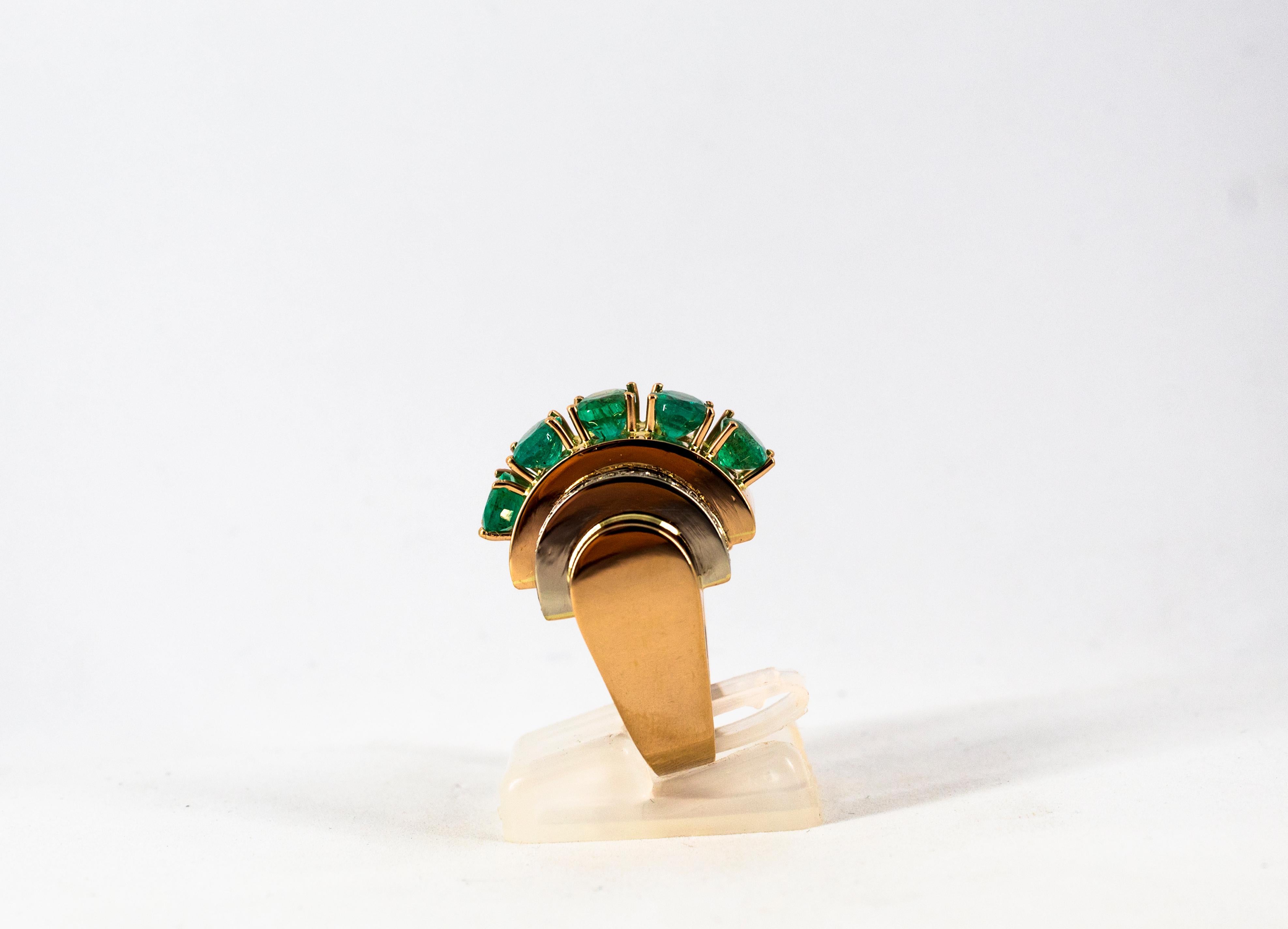 Women's or Men's Art Deco Style 5.30 Carat White Diamond Emerald Yellow Gold Cocktail Ring