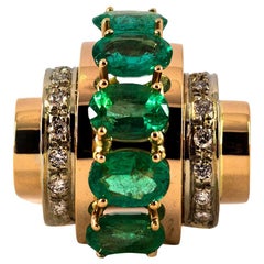 Art Deco Style 5.30 Carat White Diamond Emerald Yellow Gold Cocktail Ring