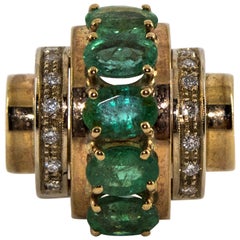 Art Deco 5.00 Carat Emerald 0.30 Carat White Diamond Yellow Gold Cocktail Ring
