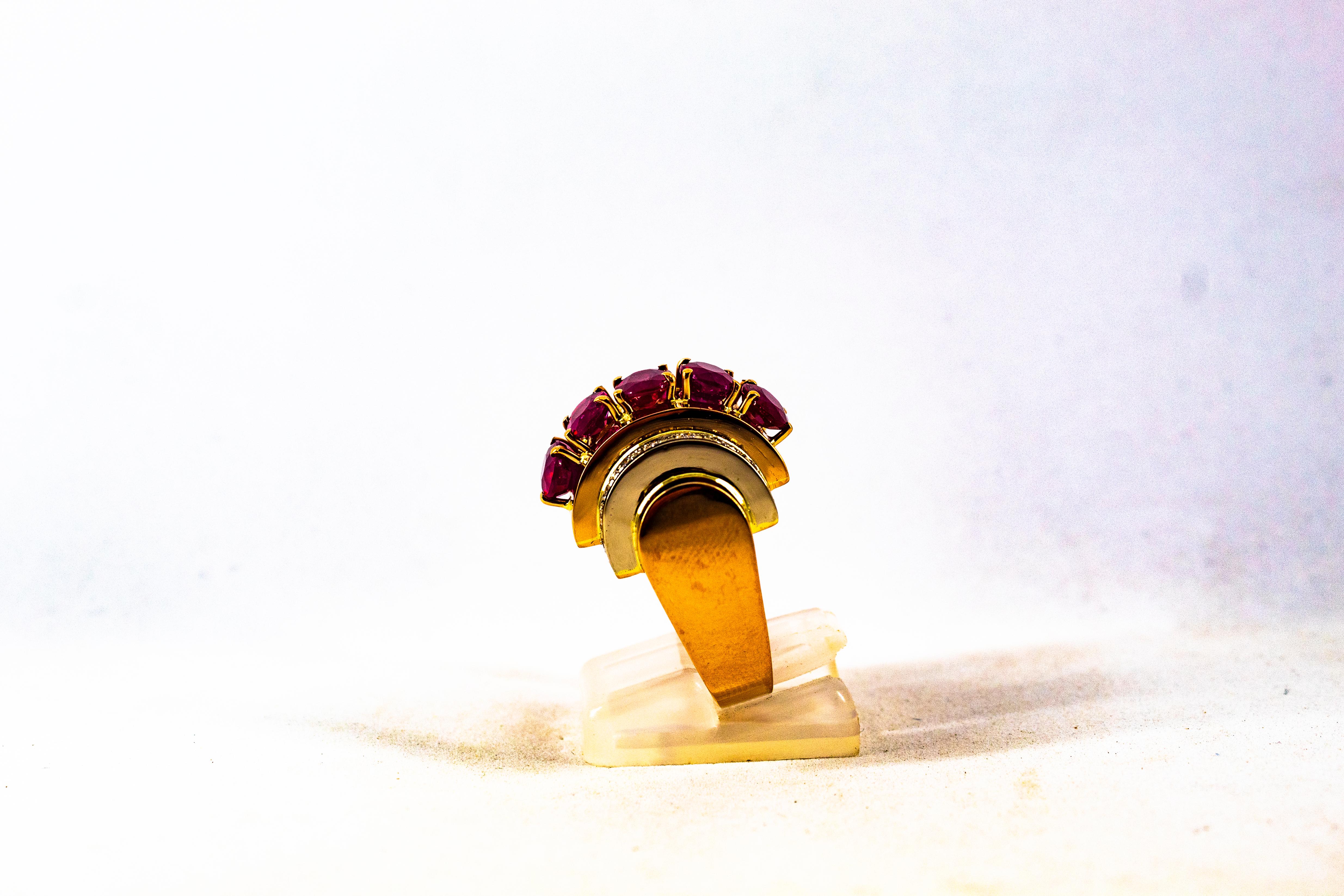 Women's or Men's Art Deco Style 5.00 Carat Ruby 0.30 Carat White Diamond Yellow Gold Ring