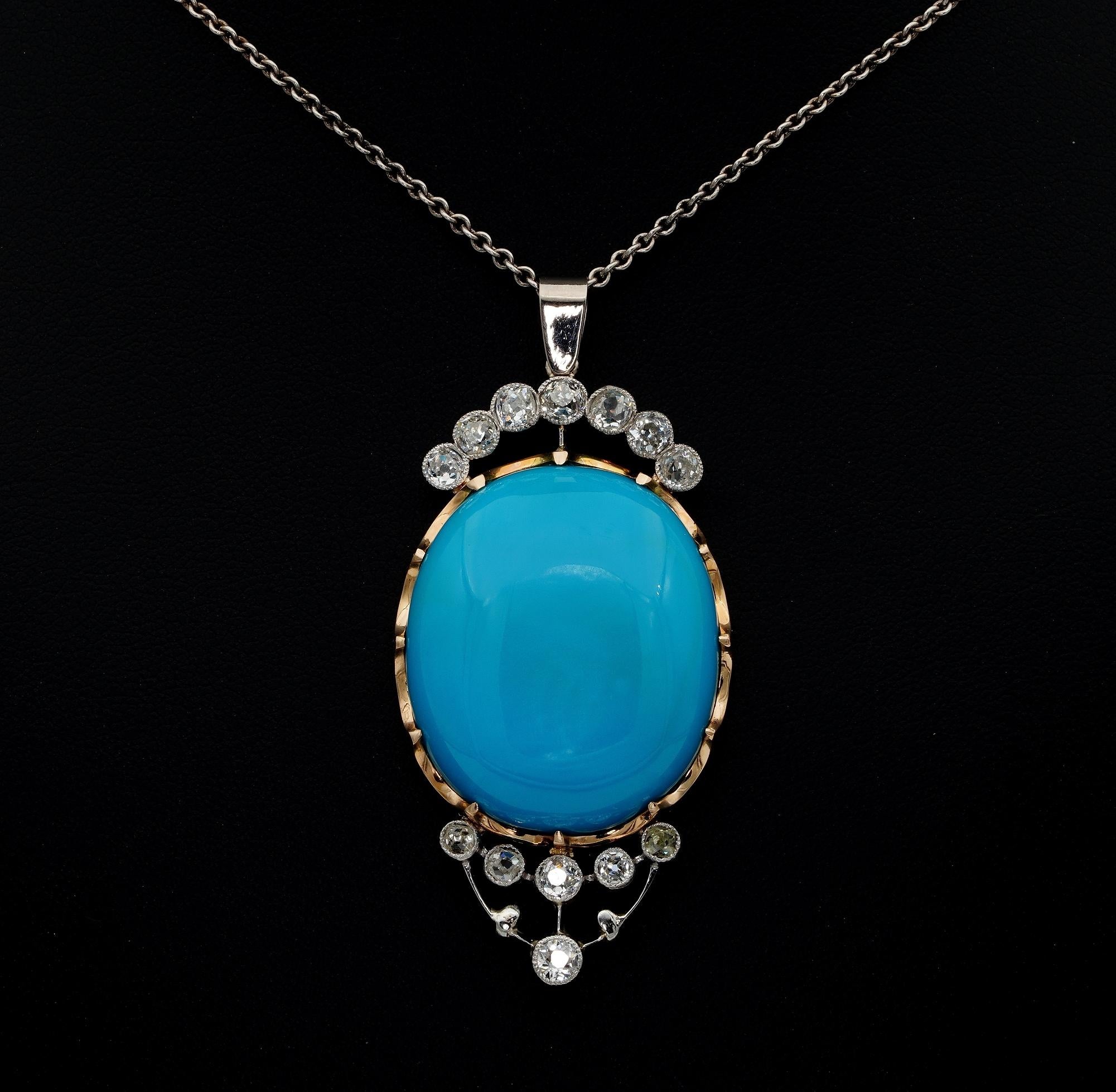 An impressive late Art Deco period large sized pendant.
Hand crafted of solid Platinum and solid 18 Kt setting for the main stone, 1930.
The focal point is the truly stunning, large, untreated, natural Turquoise of superb Robin egg colour, estimate