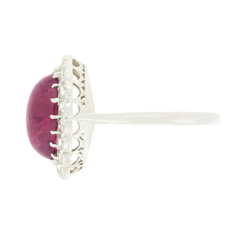 Cabochon Art Deco 5.00ct Tourmaline and Diamond Cluster Ring, c.1920s For Sale