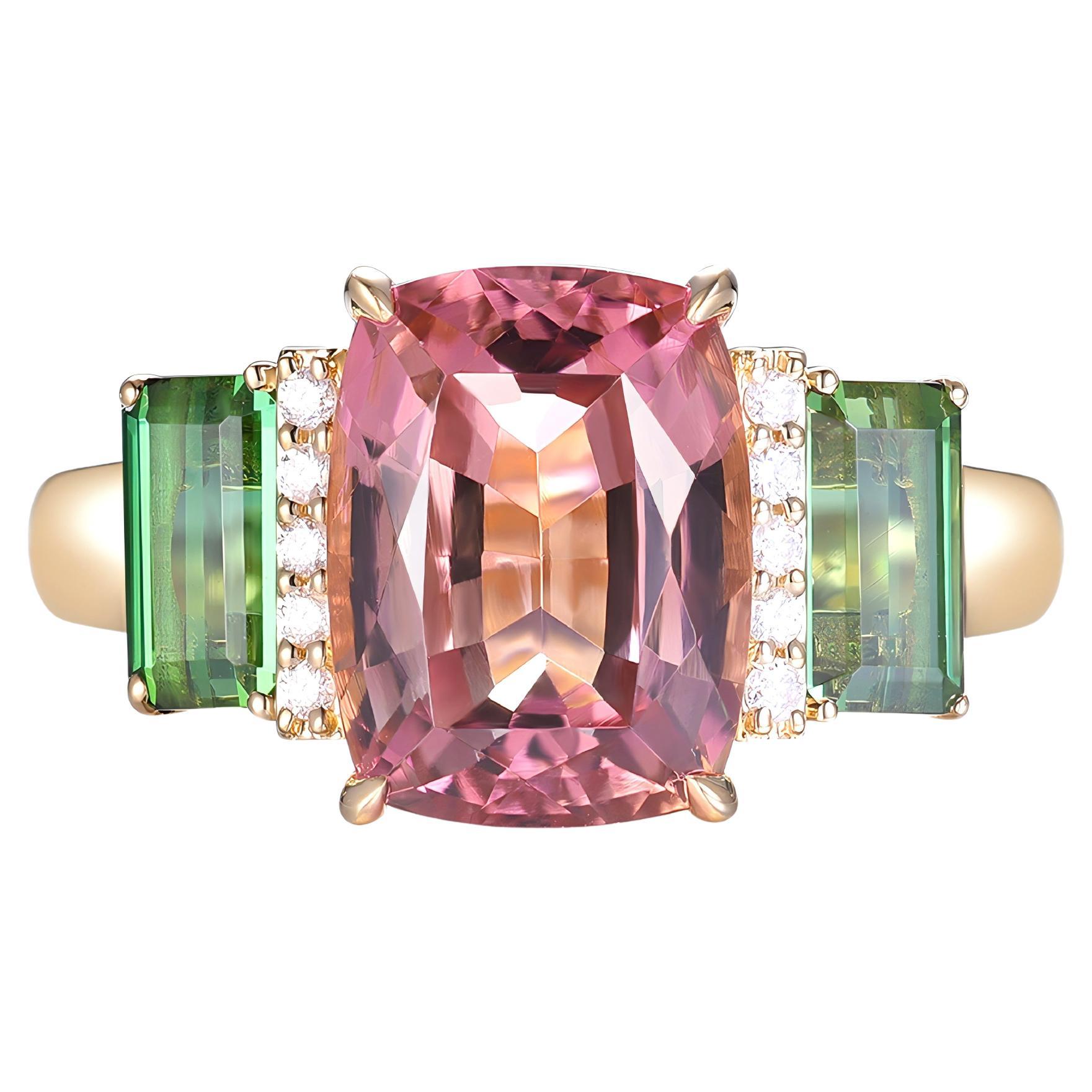Anillo de diamantes de turmalina verde＆rosa＆de 5,05 quilates Art Déco en oro amarillo de 18 quilates en venta