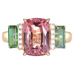 Anello Art Deco con diamante con tormalina rosa e verde da 5,05 carati in oro giallo 18 carati