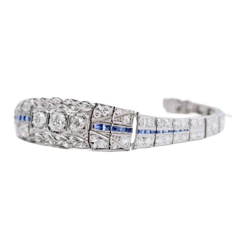 Art Deco 5,06 Karat Diamant- und Saphir-Armband aus Platin (Art déco) im Angebot