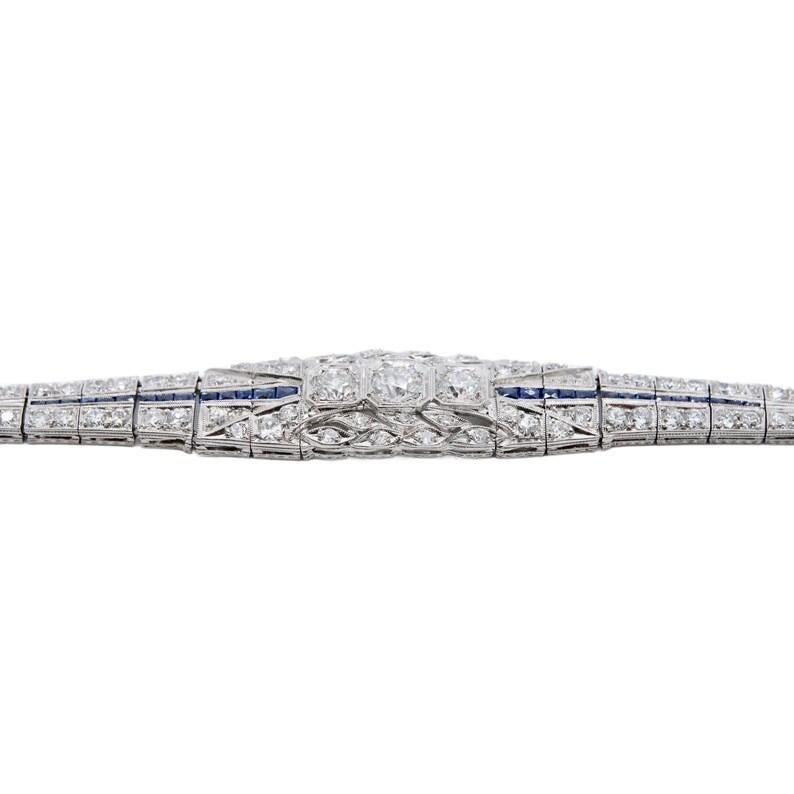 Art Deco 5,06 Karat Diamant- und Saphir-Armband aus Platin im Zustand „Gut“ im Angebot in Boston, MA