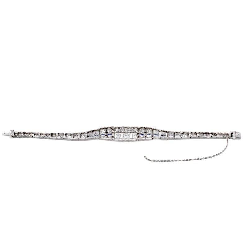 Art Deco 5.06ctw Diamond & Sapphire Bracelet in Platinum For Sale 2