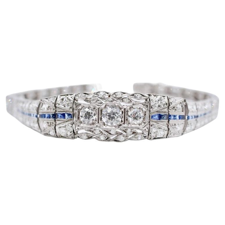 Art Deco 5.06ctw Diamond & Sapphire Bracelet in Platinum For Sale