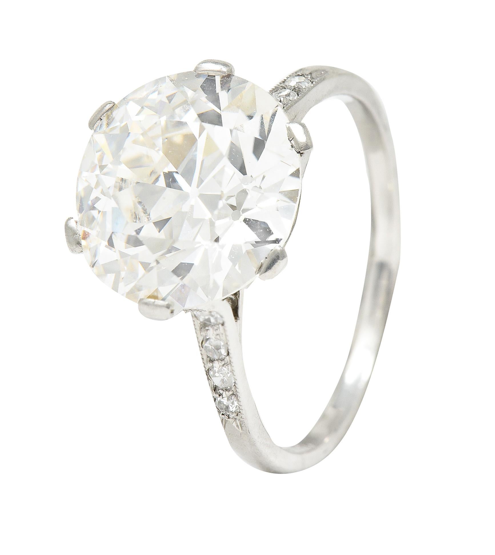 French Art Deco 5.12 CTW Old European Cut Diamond Platinum Engagement Ring For Sale 5