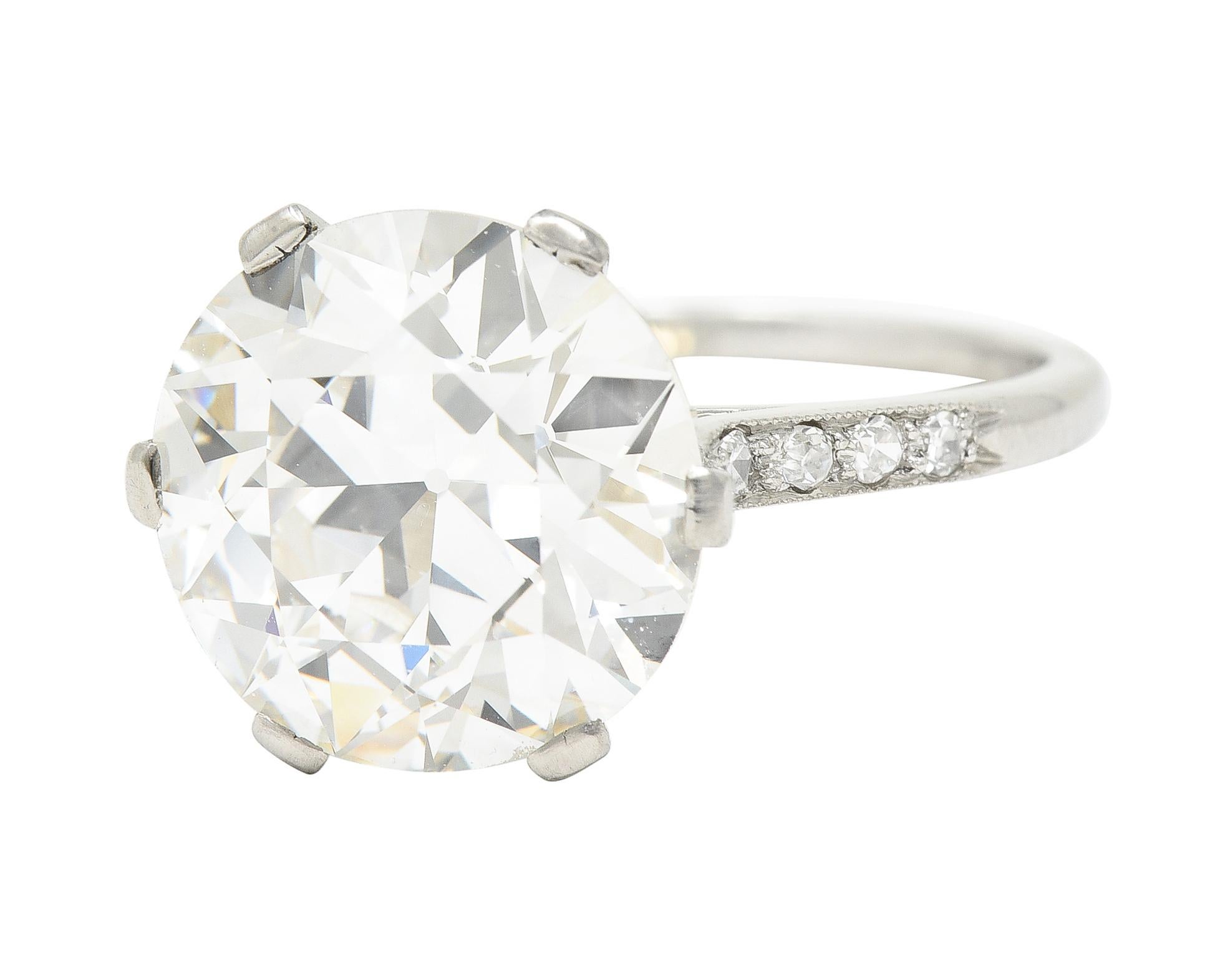 French Art Deco 5.12 CTW Old European Cut Diamond Platinum Engagement Ring For Sale 1