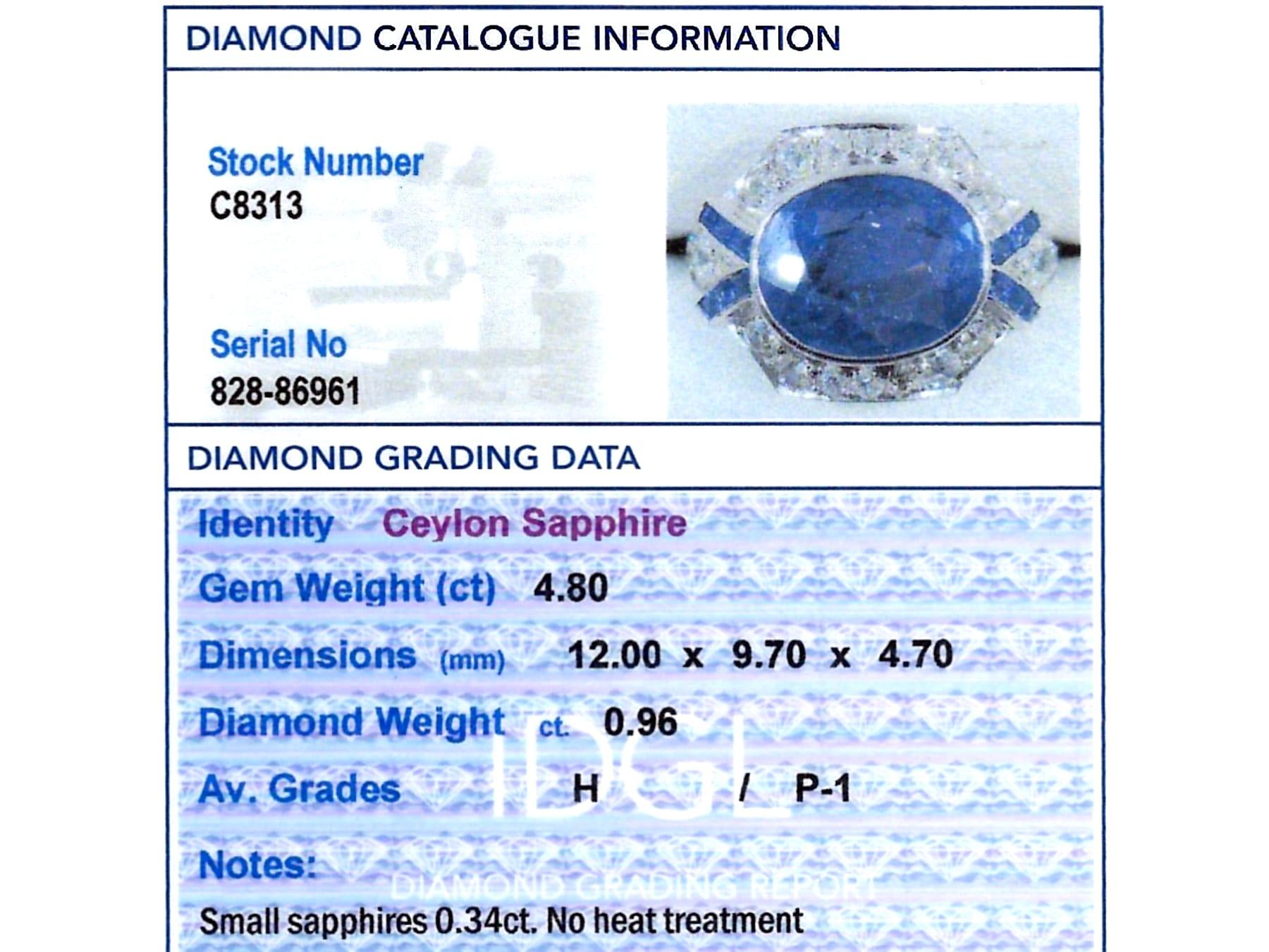 Art Deco 5.14 Carat Ceylon Sapphire and 0.96 Carat Diamond Platinum Dress Ring For Sale 5