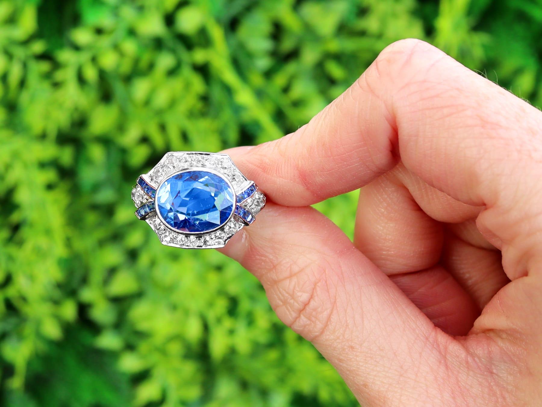 A stunning, fine and impressive antique 5.14 carat Ceylon sapphire and 0.96 carat diamond, platinum Art Deco cocktail ring; part of our diverse collection of antique sapphire rings.

This stunning, fine and impressive antique Ceylon sapphire and