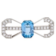 Art Deco 5.14 CTW Aquamarine Diamond Platinum Vintage Bow-Tie Brooch