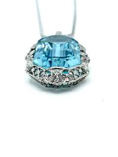 Art Deco 51.88ct Emerald Cut Aquamarine and Diamond Platinum Pendant