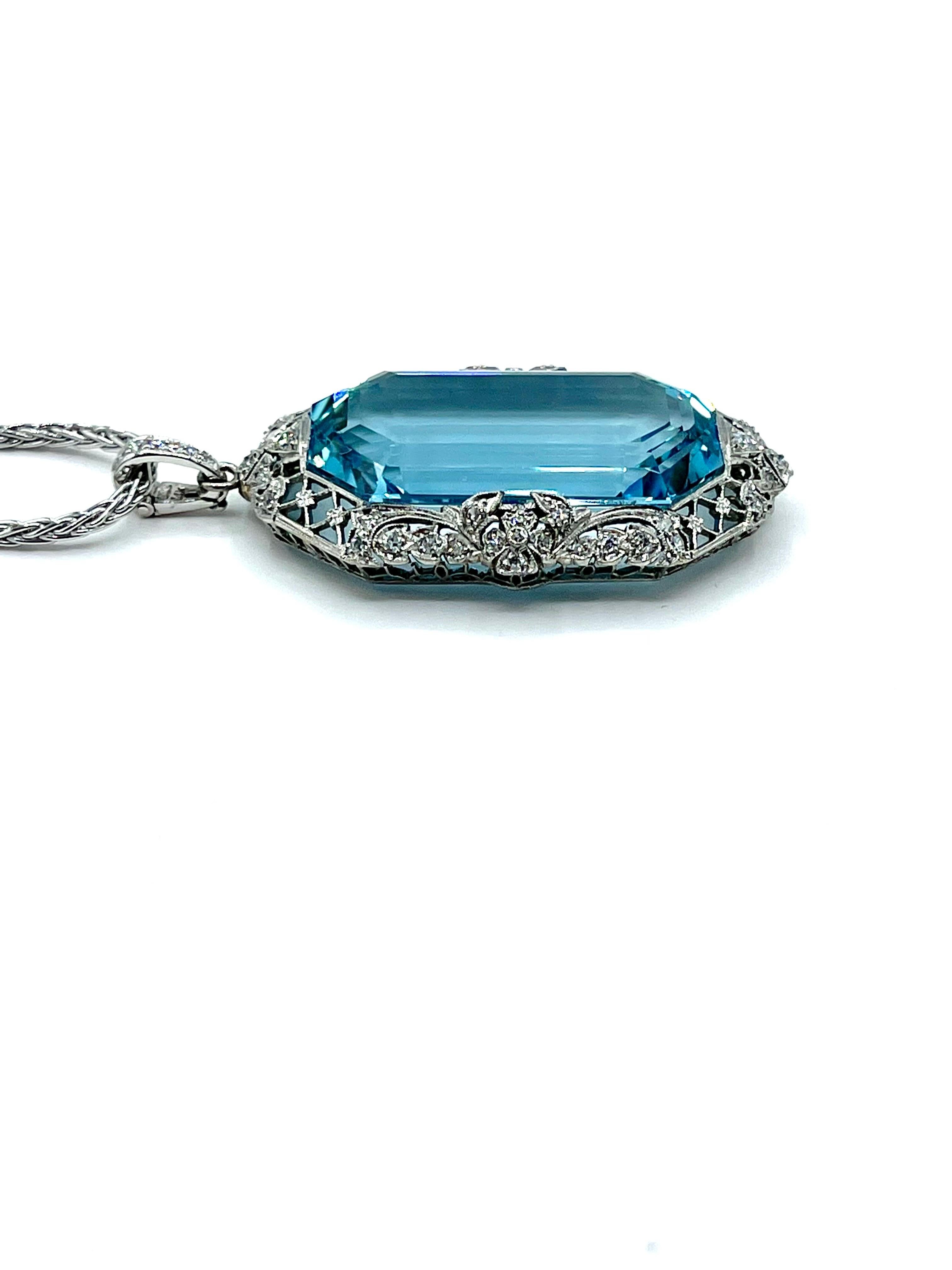 Art Deco 51.88ct Emerald Cut Aquamarine and Diamond Platinum Pendant In Excellent Condition For Sale In Chevy Chase, MD