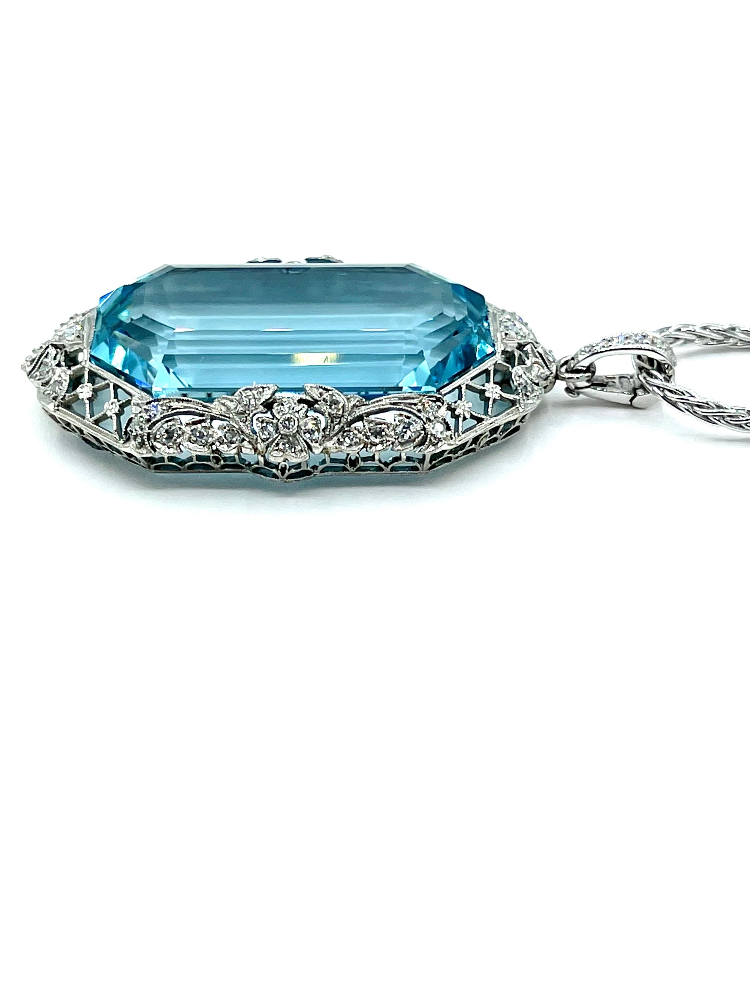 Women's or Men's Art Deco 51.88ct Emerald Cut Aquamarine and Diamond Platinum Pendant For Sale