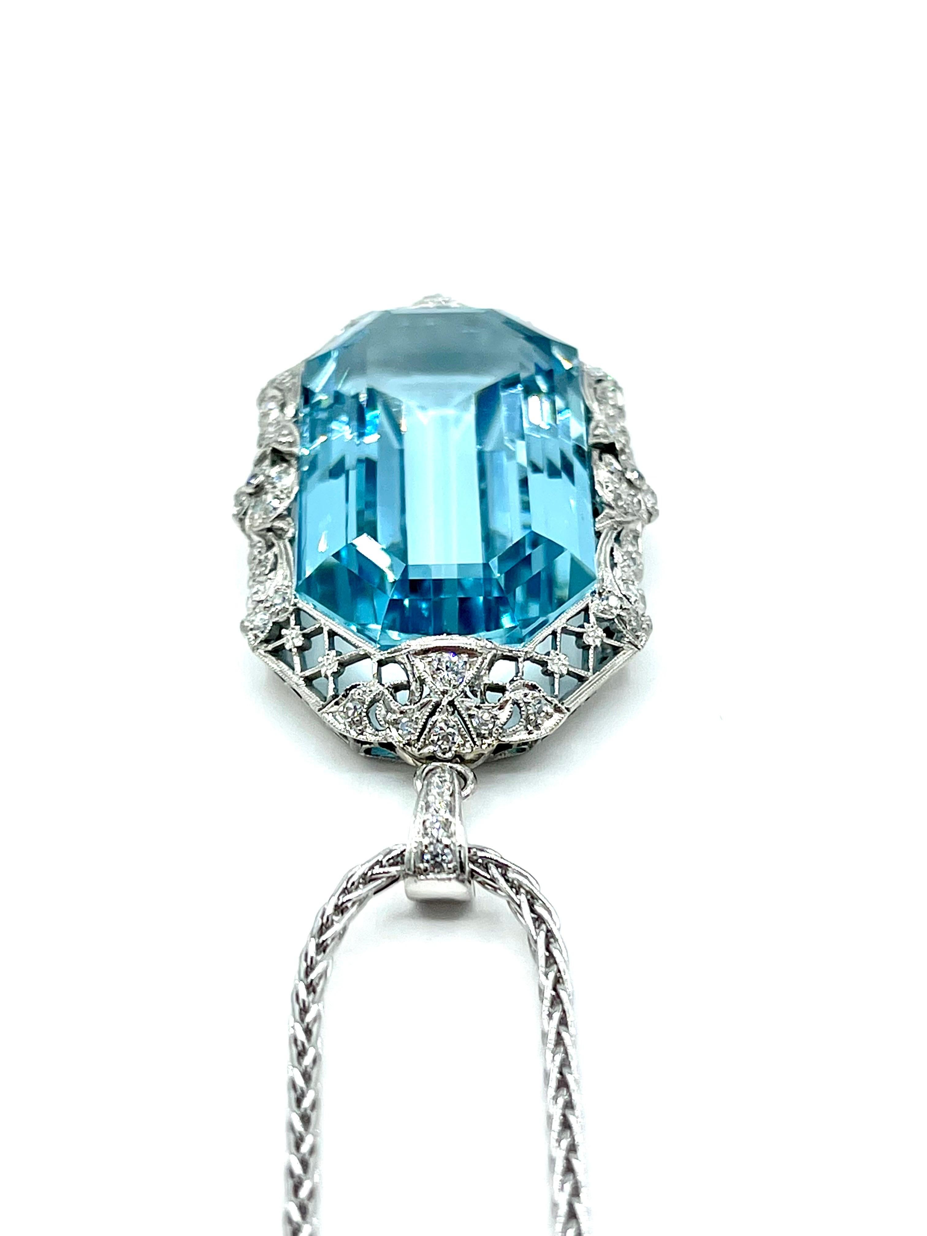 Art Deco 51.88ct Emerald Cut Aquamarine and Diamond Platinum Pendant For Sale 1
