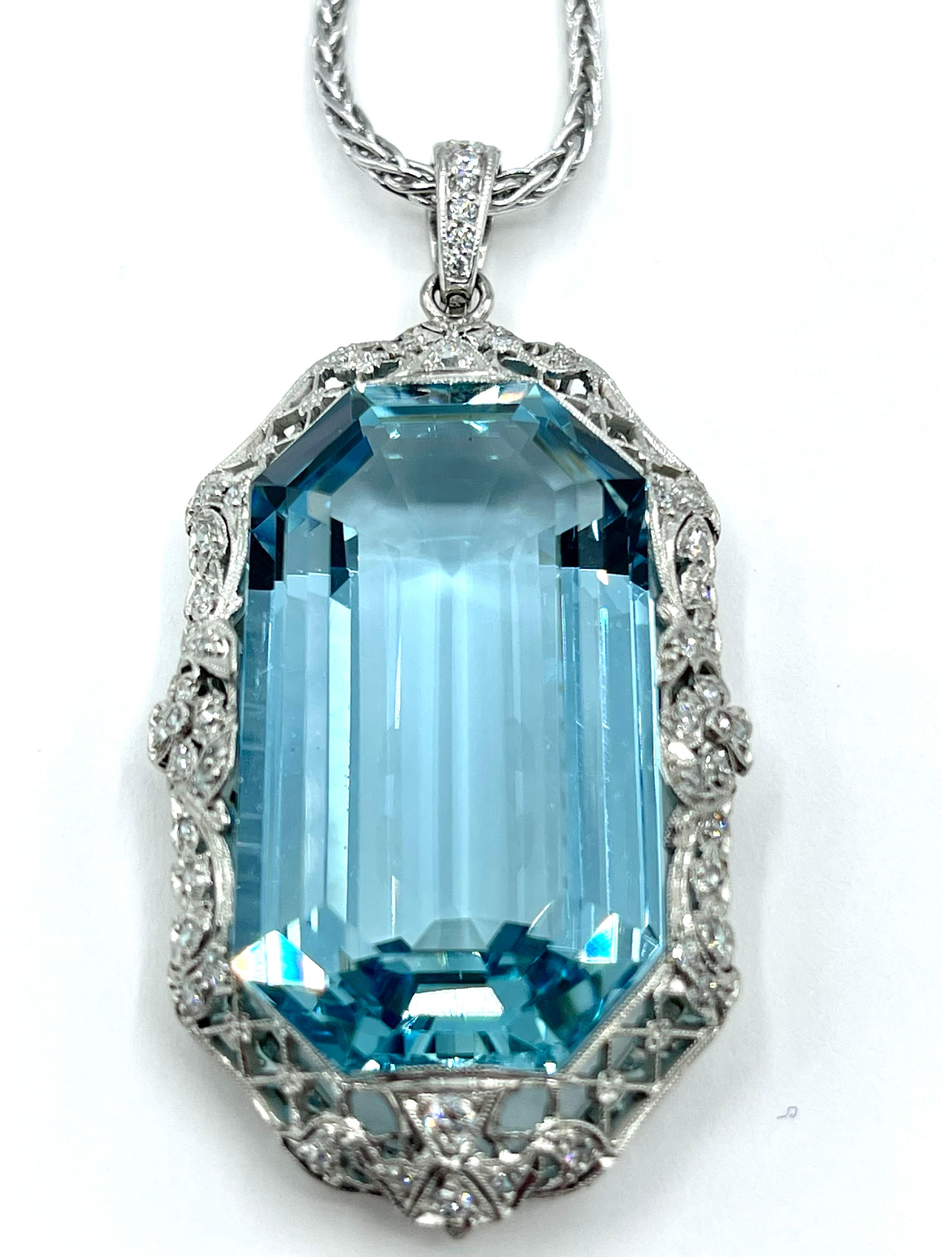 Art Deco 51.88ct Emerald Cut Aquamarine and Diamond Platinum Pendant For Sale 4