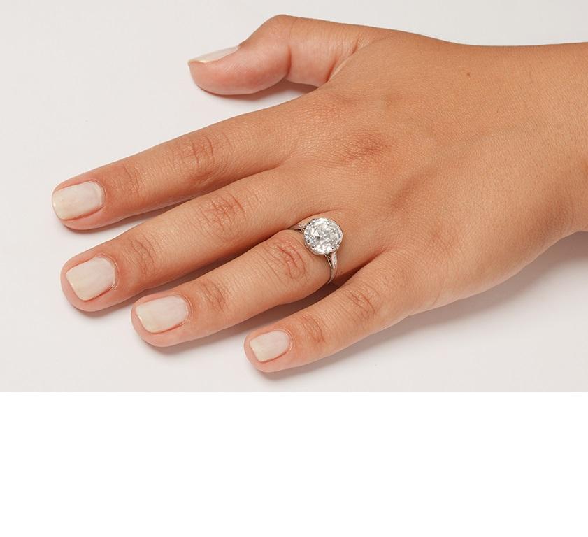 Antique Cushion Cut Art Deco 5.18ct Diamond Solitaire Engagement Ring, c.1920s For Sale
