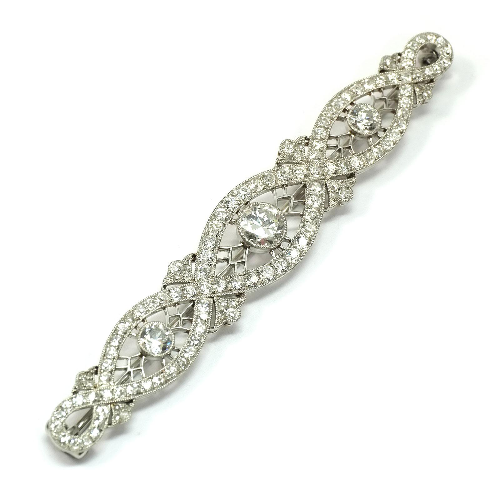 Art Deco 5.2 carat diamond platinum bar brooch circa 1930

This decorative brooch is designed as an elongated pin and geometrically with wavy ribbons and openwork like a grid, set with three central diamonds (0.35ct -0.85ct-0.35ct) and set with a