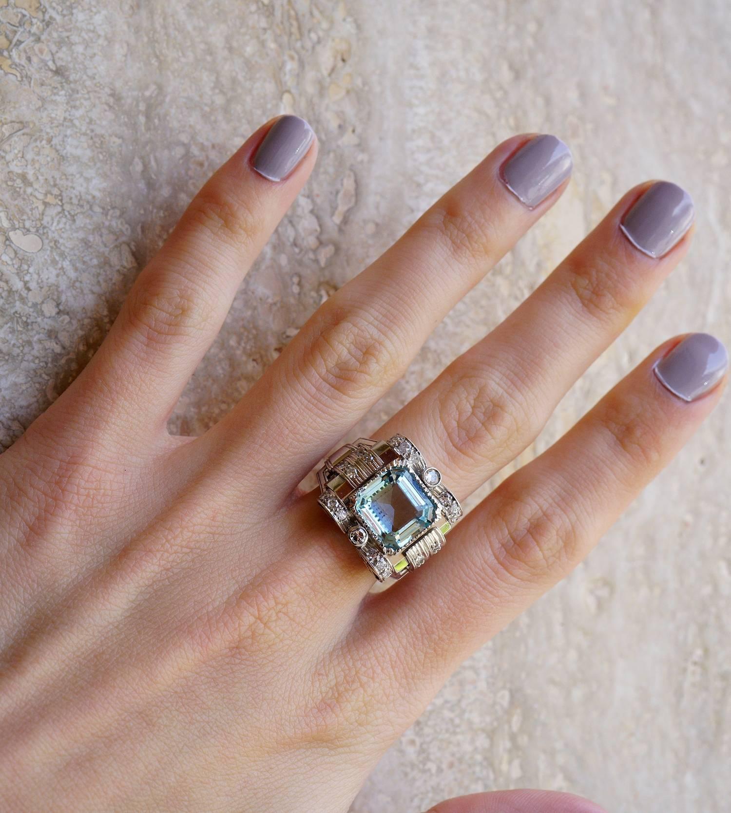 Art Deco 5.20 Carat Aquamarine Diamond Ring 2