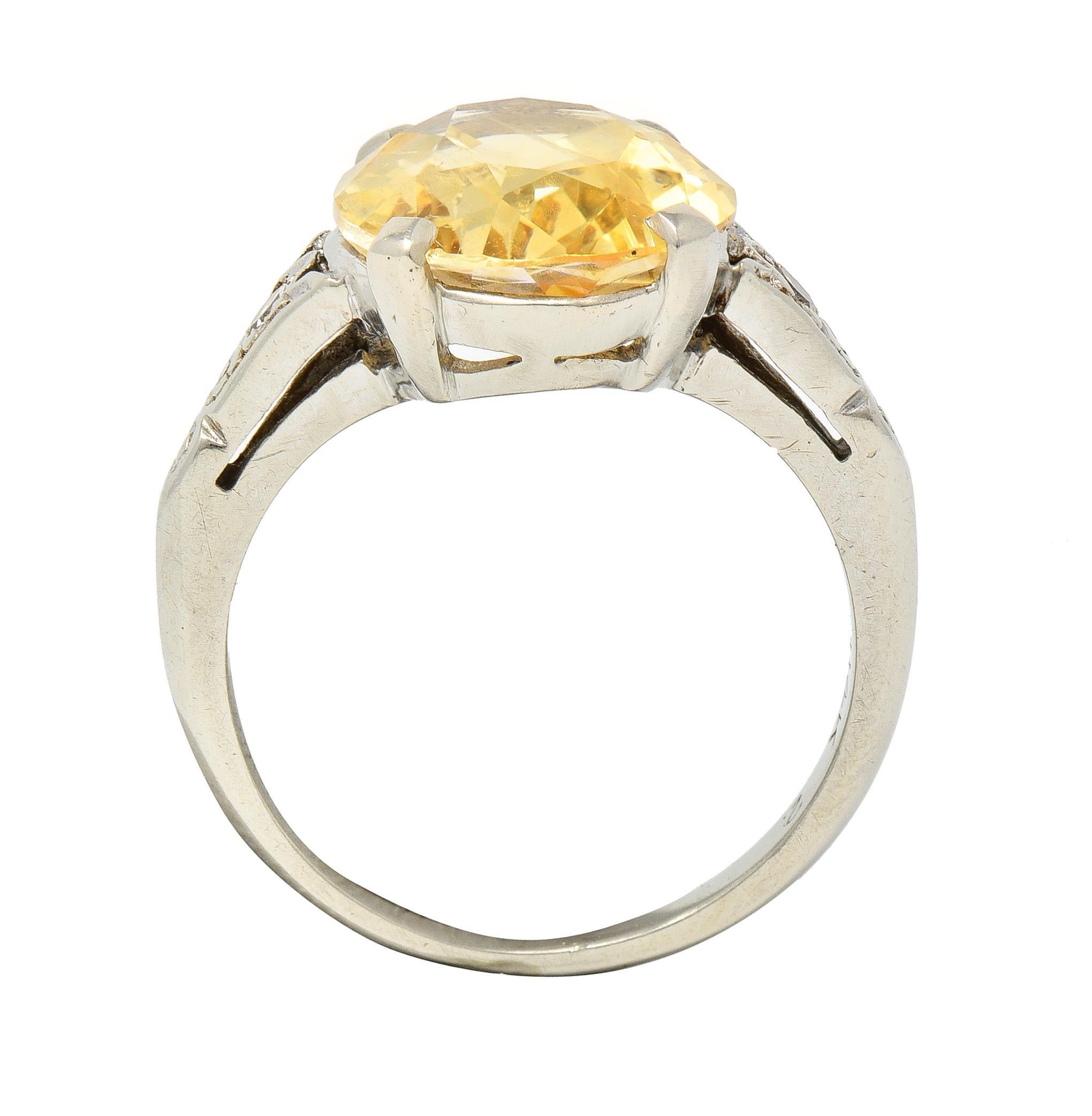Art Deco 5.22 CTW Yellow Ceylon Sapphire Diamond 14 Karat Gold  Antique Ring GIA For Sale 4