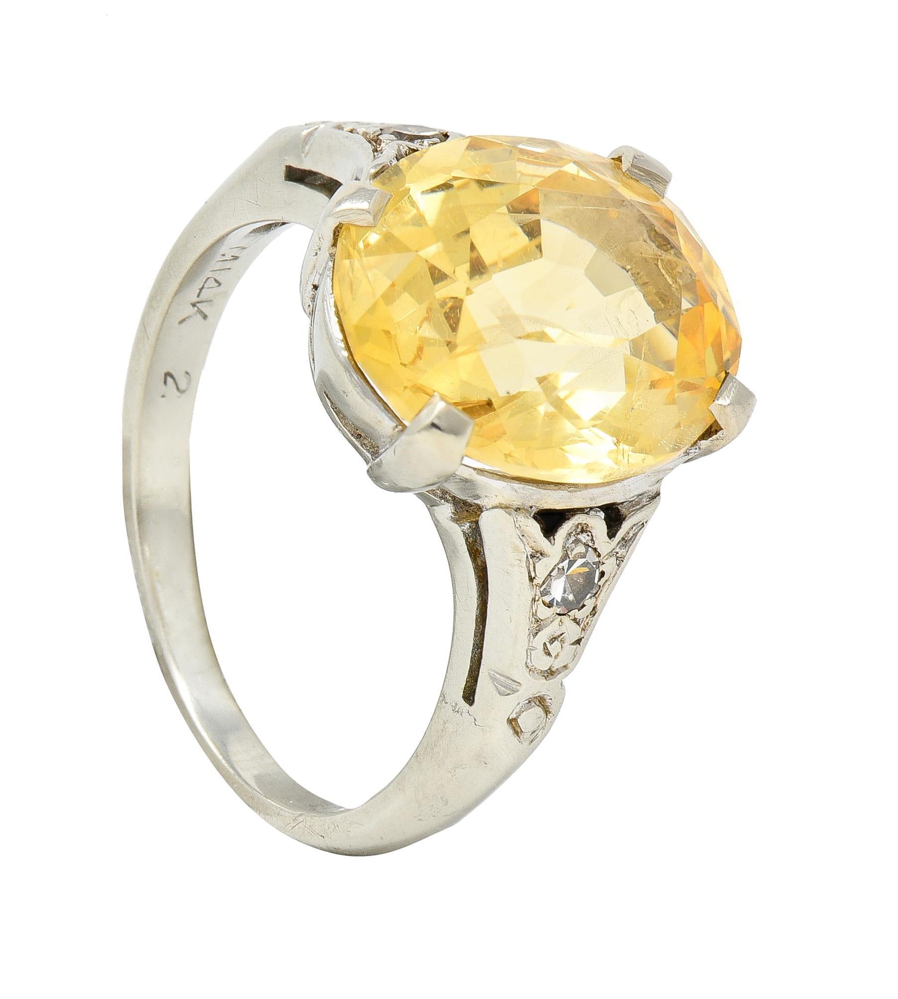 Art Deco 5.22 CTW Yellow Ceylon Sapphire Diamond 14 Karat Gold  Antique Ring GIA For Sale 6