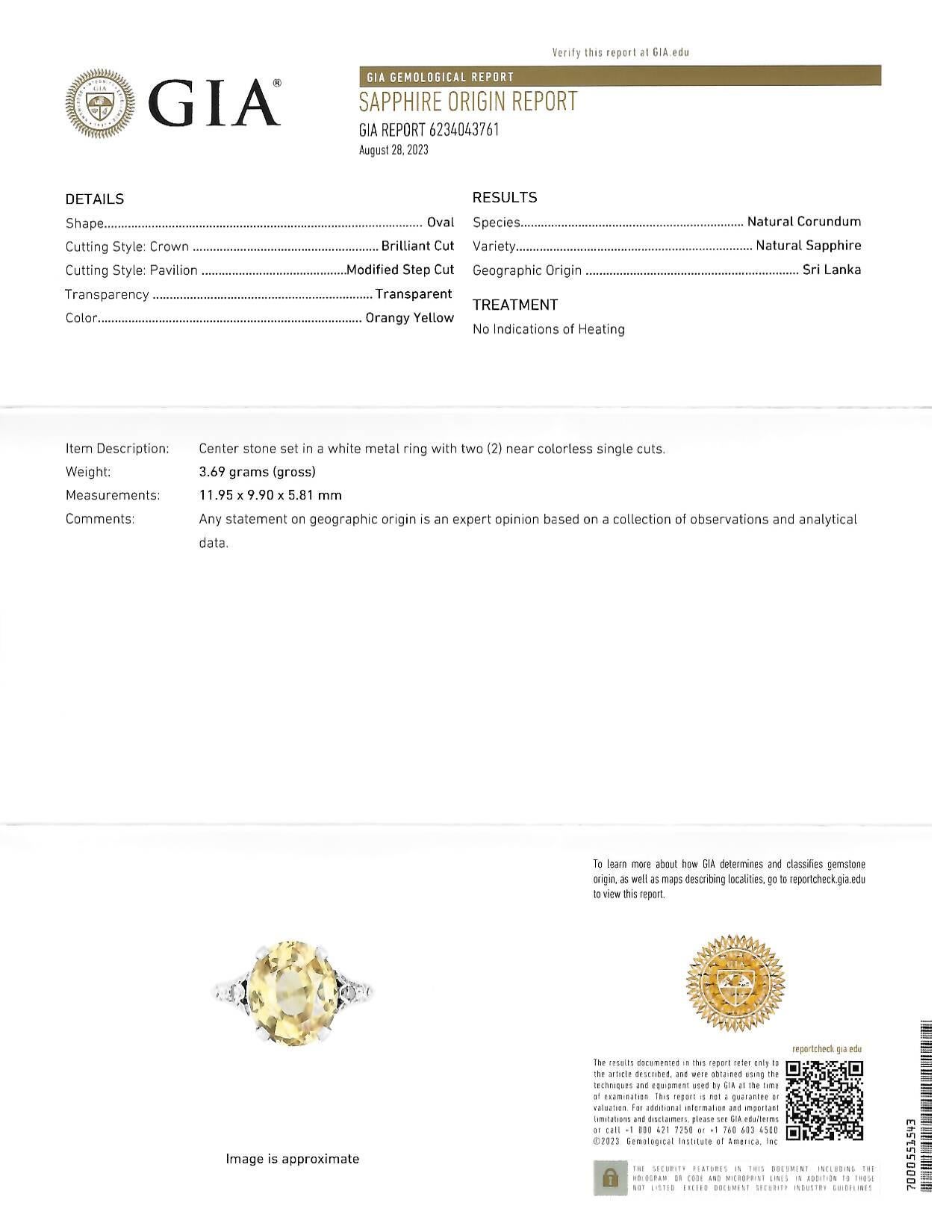 Art Deco 5.22 CTW Yellow Ceylon Sapphire Diamond 14 Karat Gold  Antique Ring GIA For Sale 7