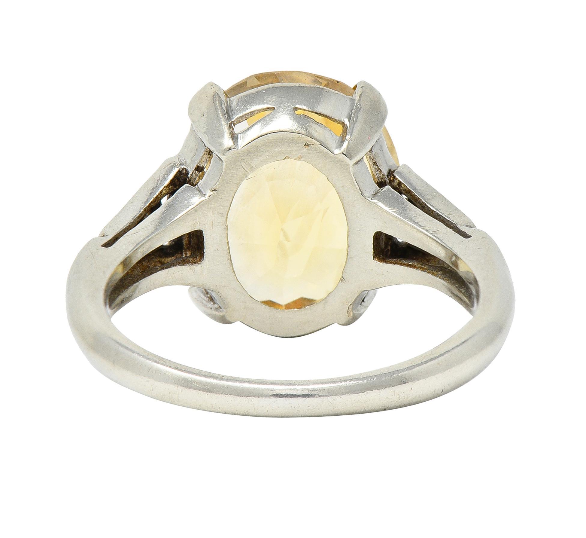 Oval Cut Art Deco 5.22 CTW Yellow Ceylon Sapphire Diamond 14 Karat Gold  Antique Ring GIA For Sale