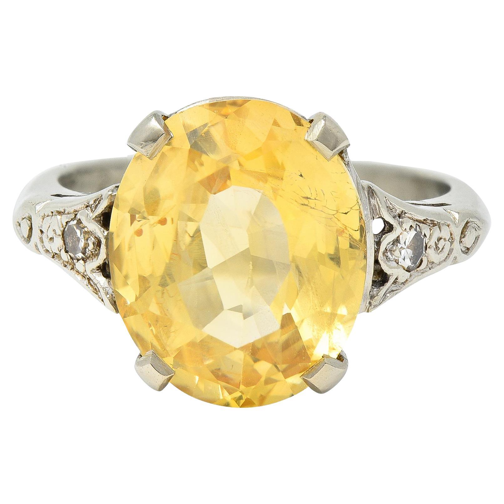Art Deco 5.22 CTW Yellow Ceylon Sapphire Diamond 14 Karat Gold  Antique Ring GIA For Sale