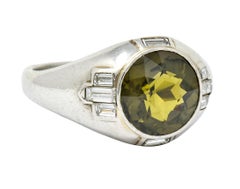 Art Deco 5.25 Carat No Heat Green Sapphire Diamond Platinum Men's Ring GIA