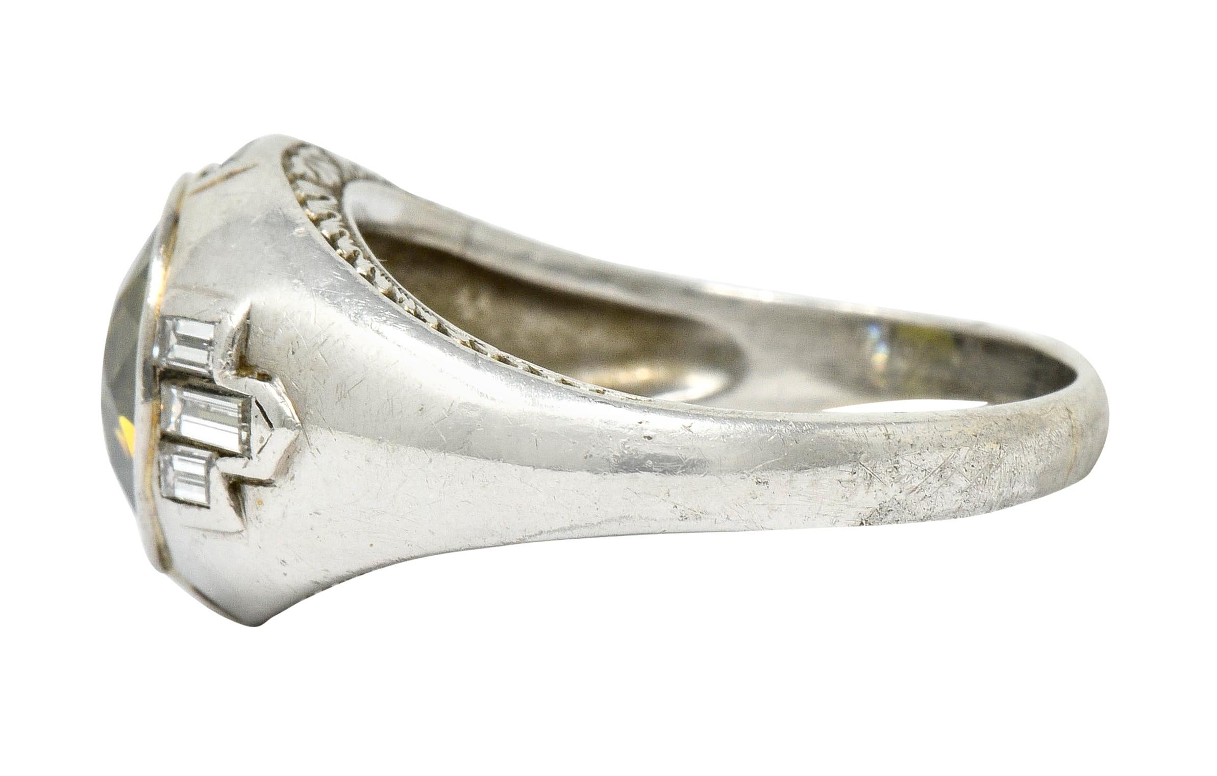 Women's or Men's Art Deco 5.25 Carat No Heat Green Sapphire Diamond Platinum Men's Ring GIA