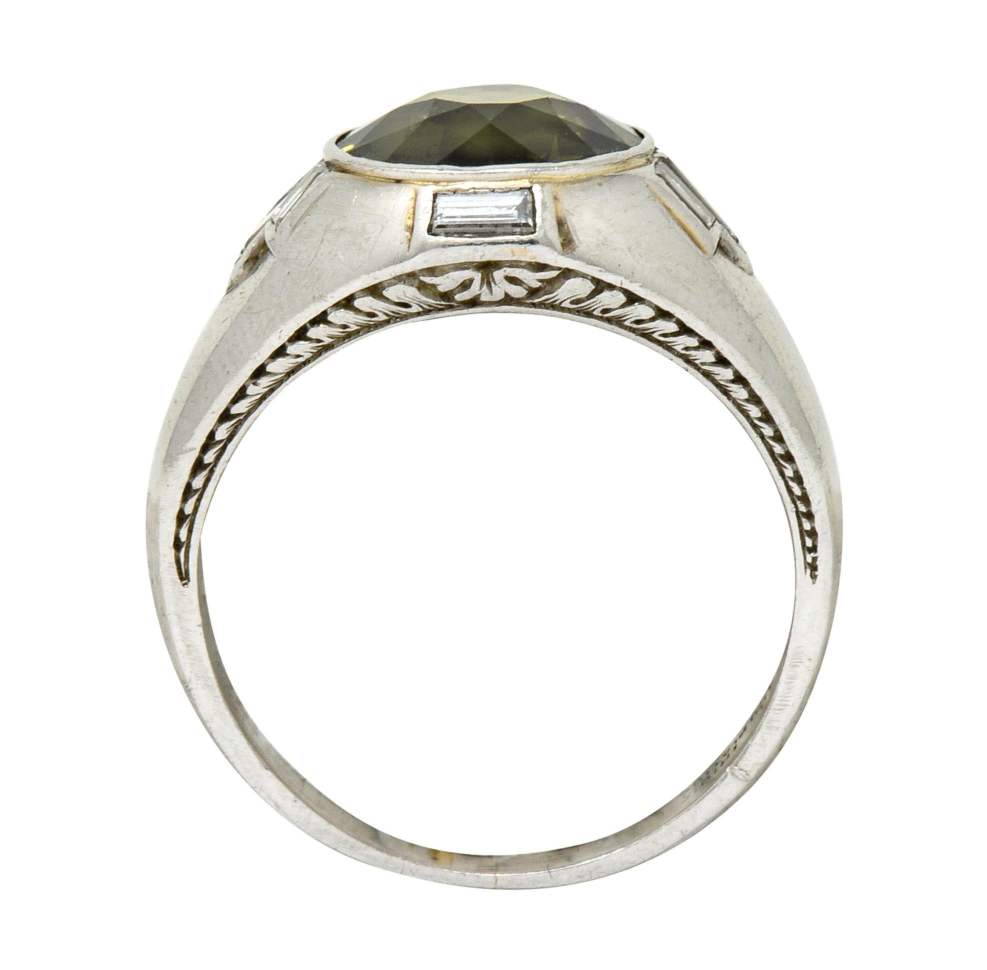 Art Deco 5.25 Carat No Heat Green Sapphire Diamond Platinum Men's Ring GIA 4
