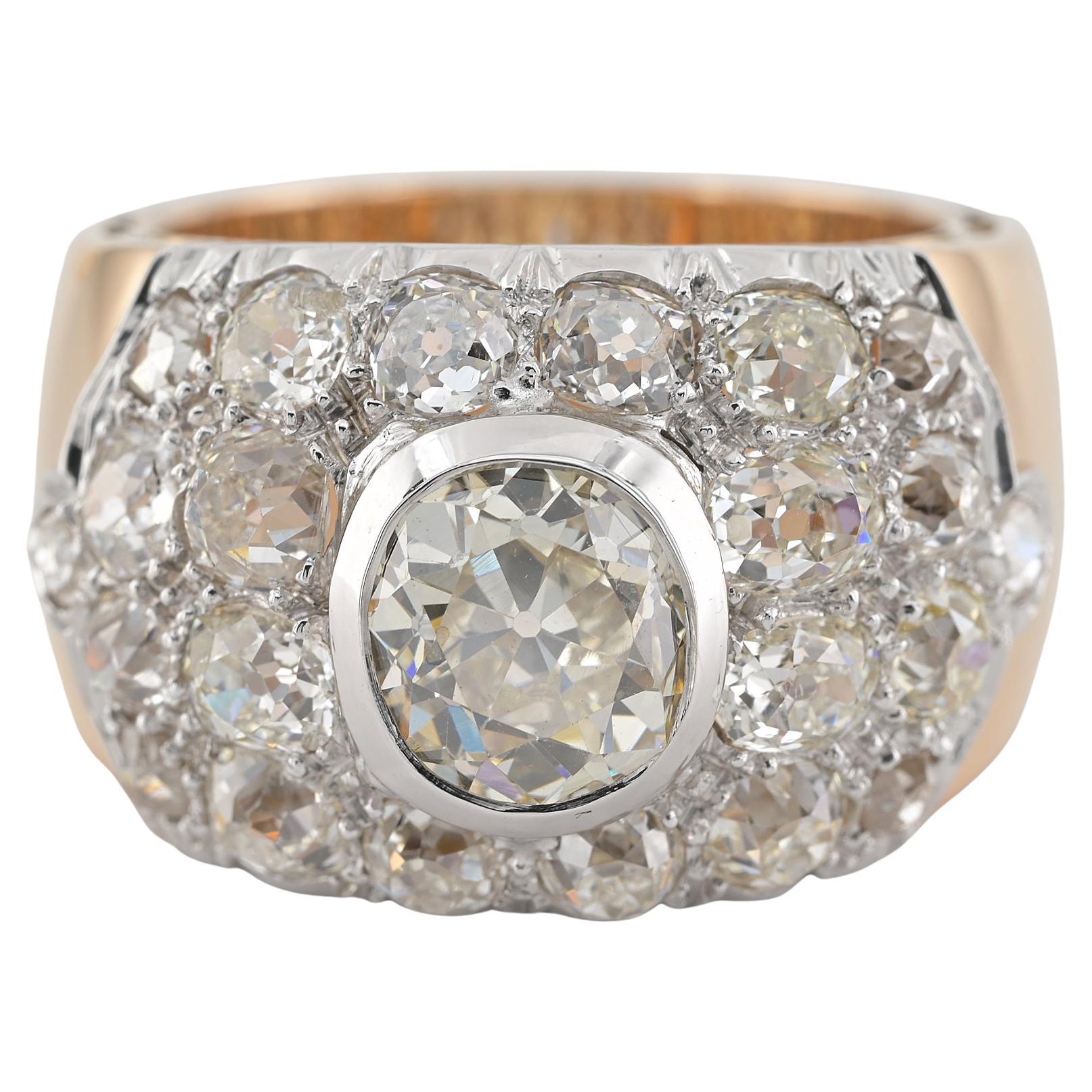 Art Deco 5.26 Ct Old Mine Diamond Platinum Gold Rare Ring For Sale