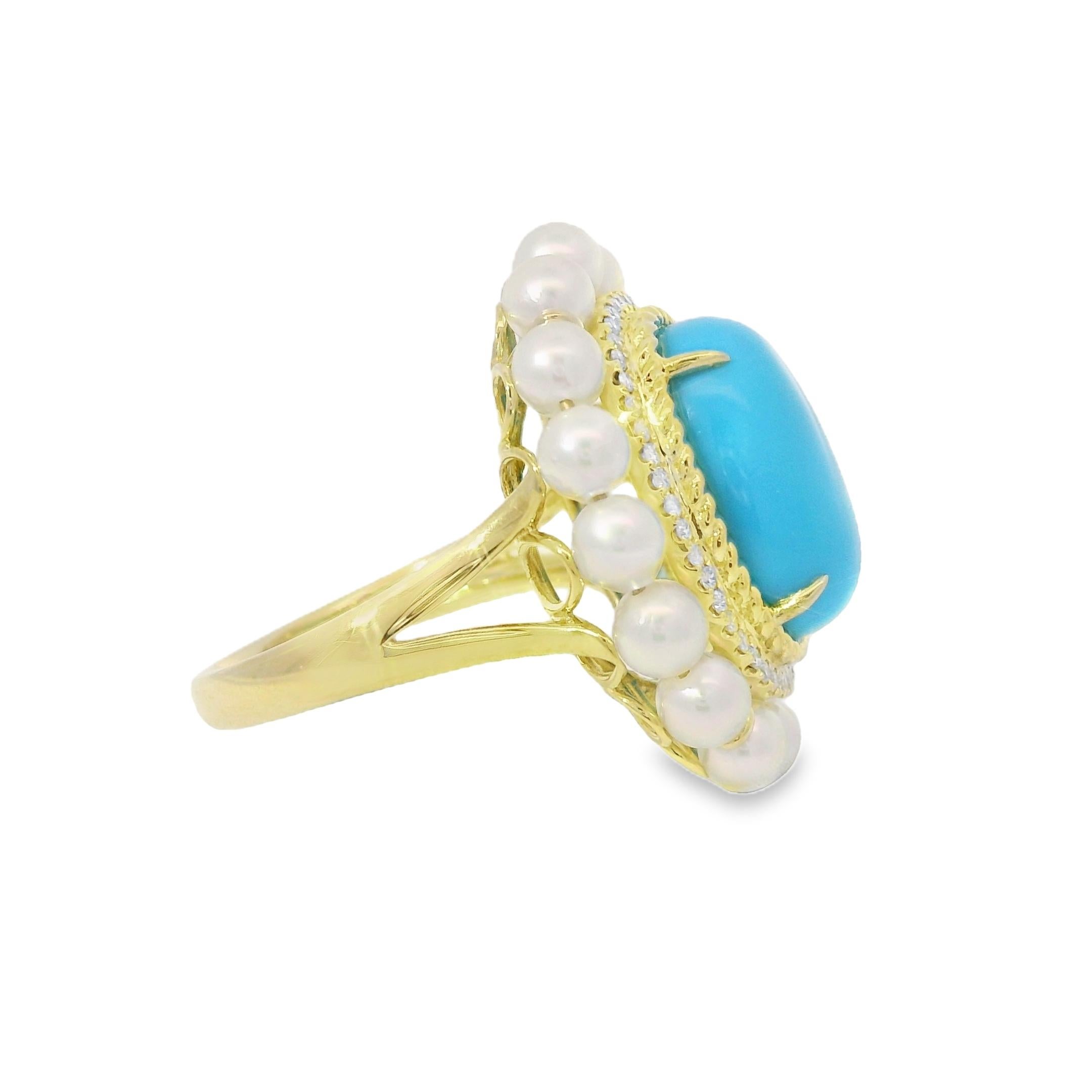 Art Deco 5,26 Karat Sleeping Beauty Türkis & Perle Diamantring aus 14K Gold 4