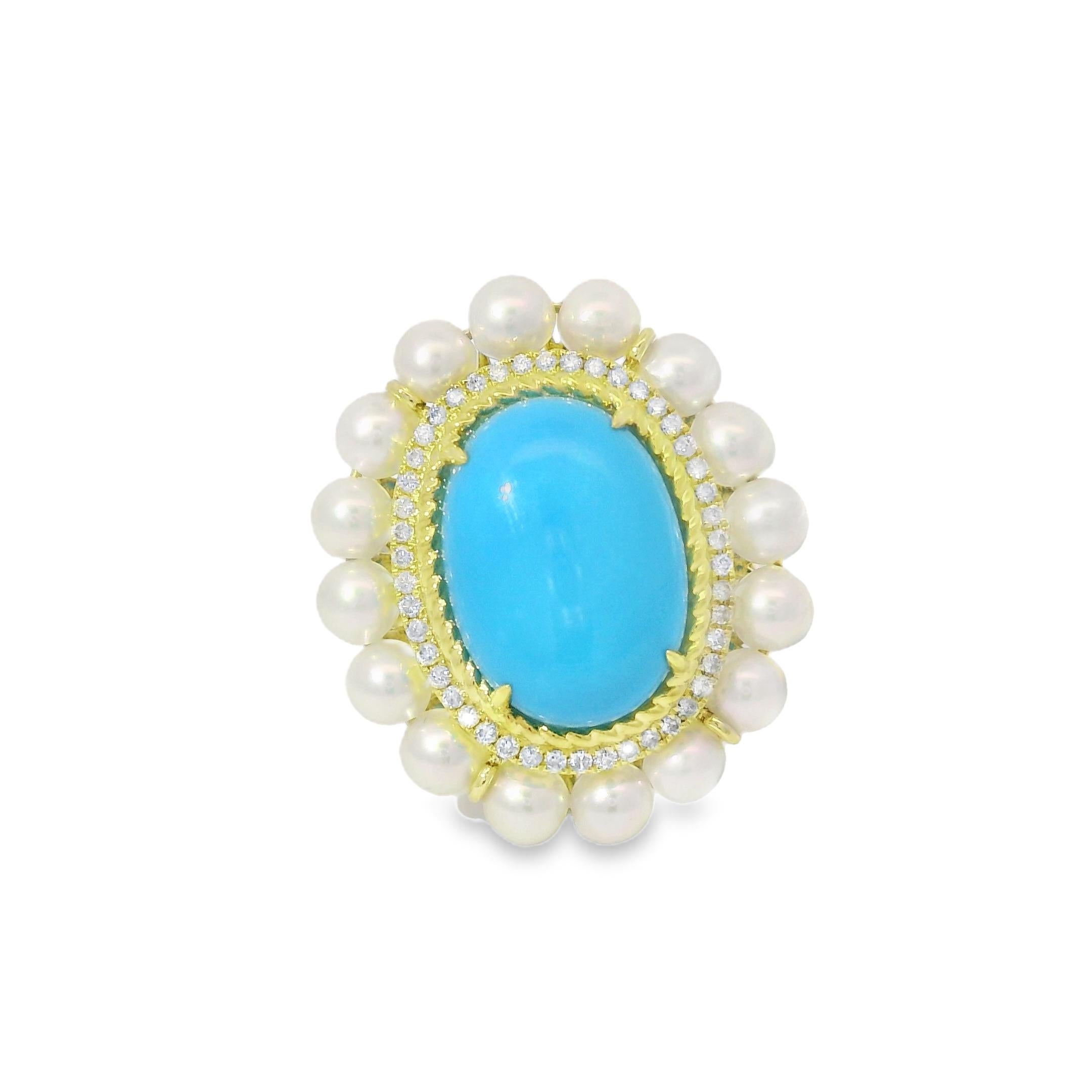 Art Deco 5,26 Karat Sleeping Beauty Türkis & Perle Diamantring aus 14K Gold 2
