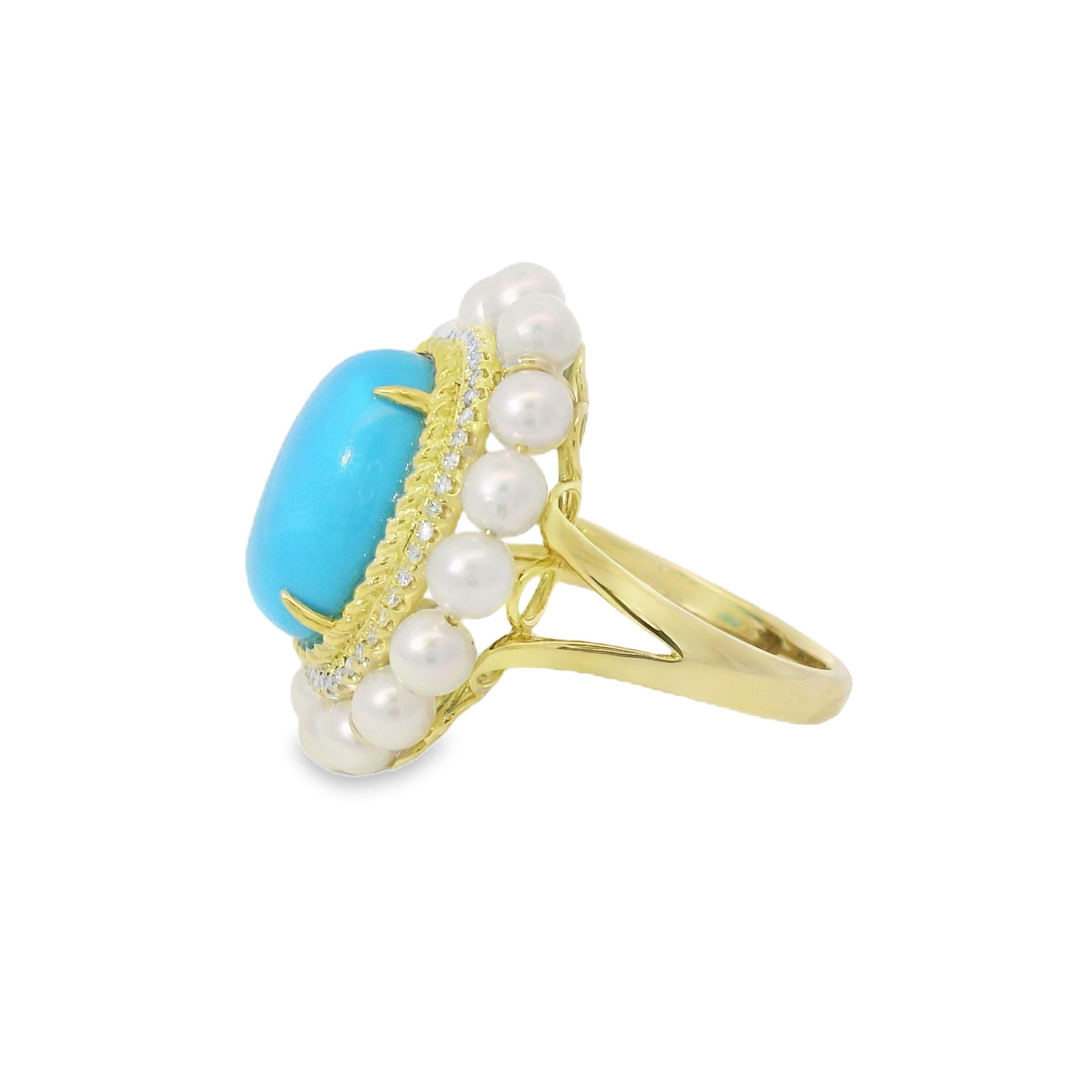 Art Deco 5,26 Karat Sleeping Beauty Türkis & Perle Diamantring aus 14K Gold 3