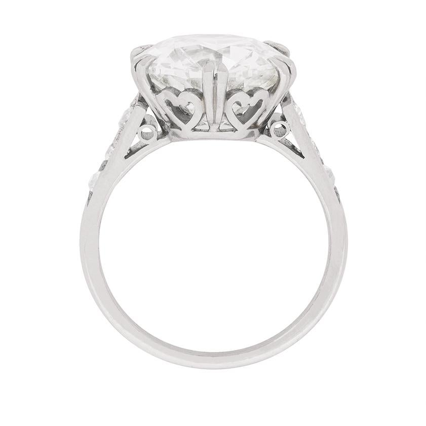 This rare and unique Art Deco engagement ring presents an opulent IGL certified, 5.28 carat, old european cut diamond within its original handmade platinum setting.

The diamond is certified to an impeccable VVS2 clarity, which is unusual in a