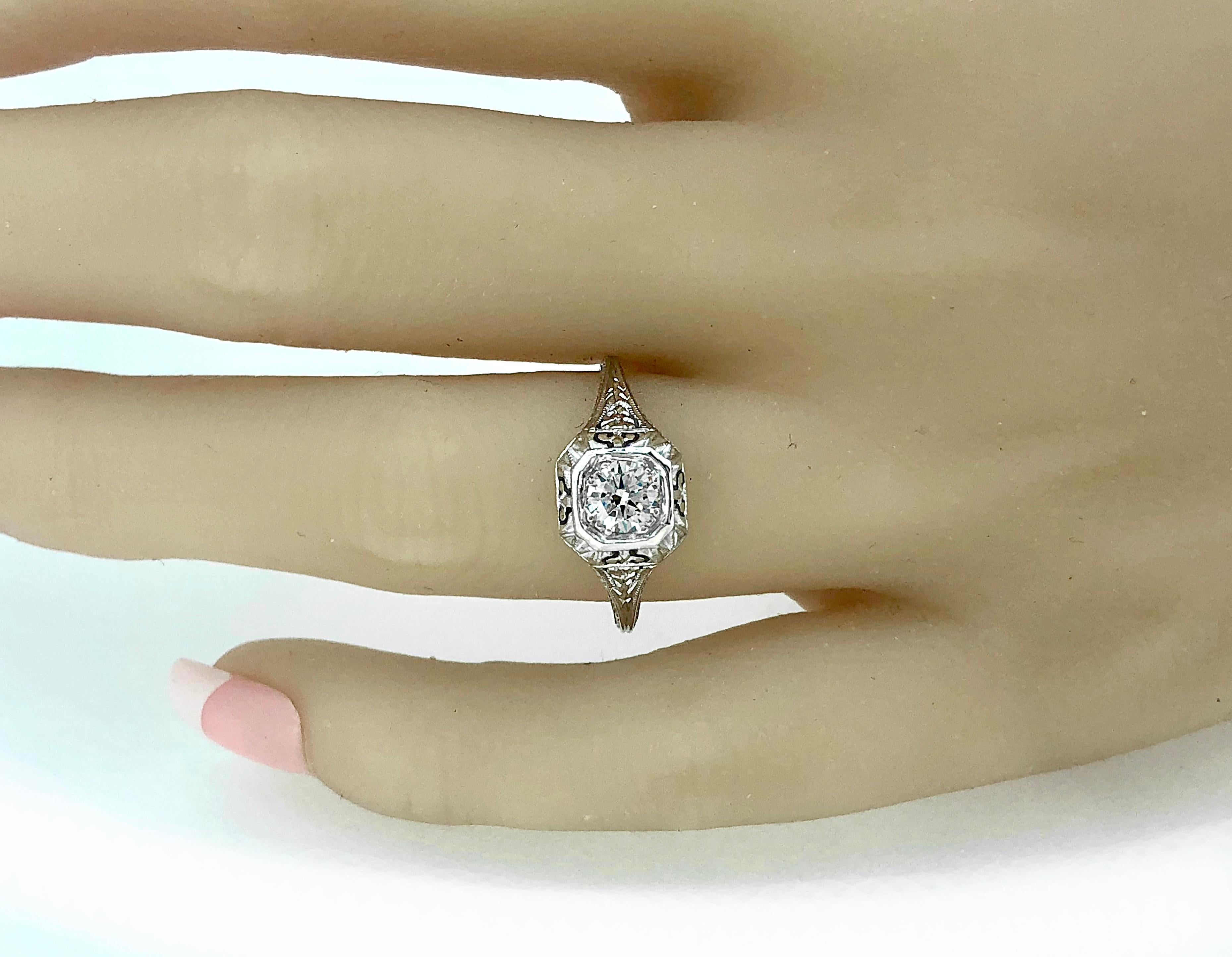 Art Deco .53 Carat Diamond Gold Engagement Ring For Sale 2