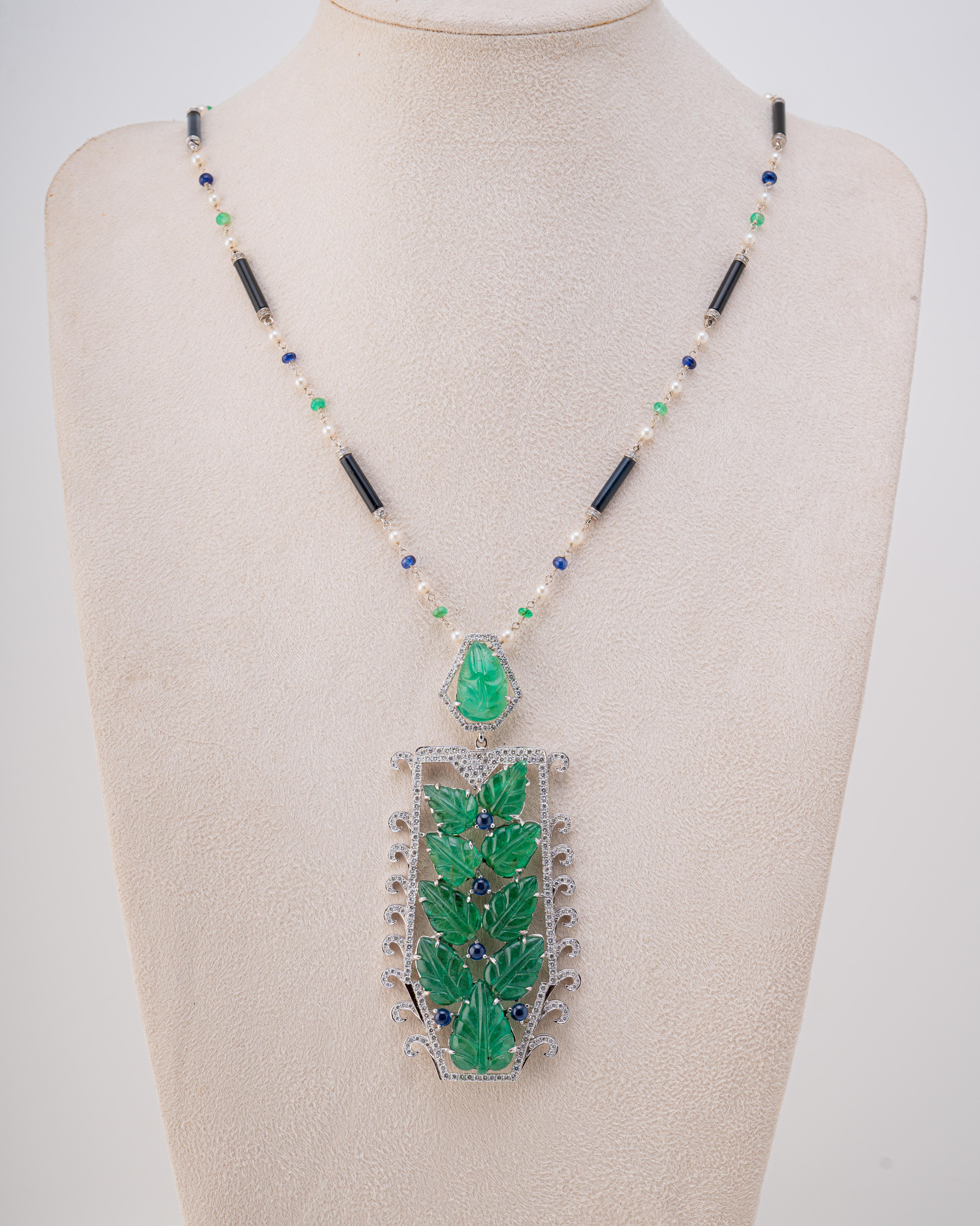 Emerald Cut Art-Deco 53 Carat Emerald, Blue Sapphire and Diamond Pendant Necklace